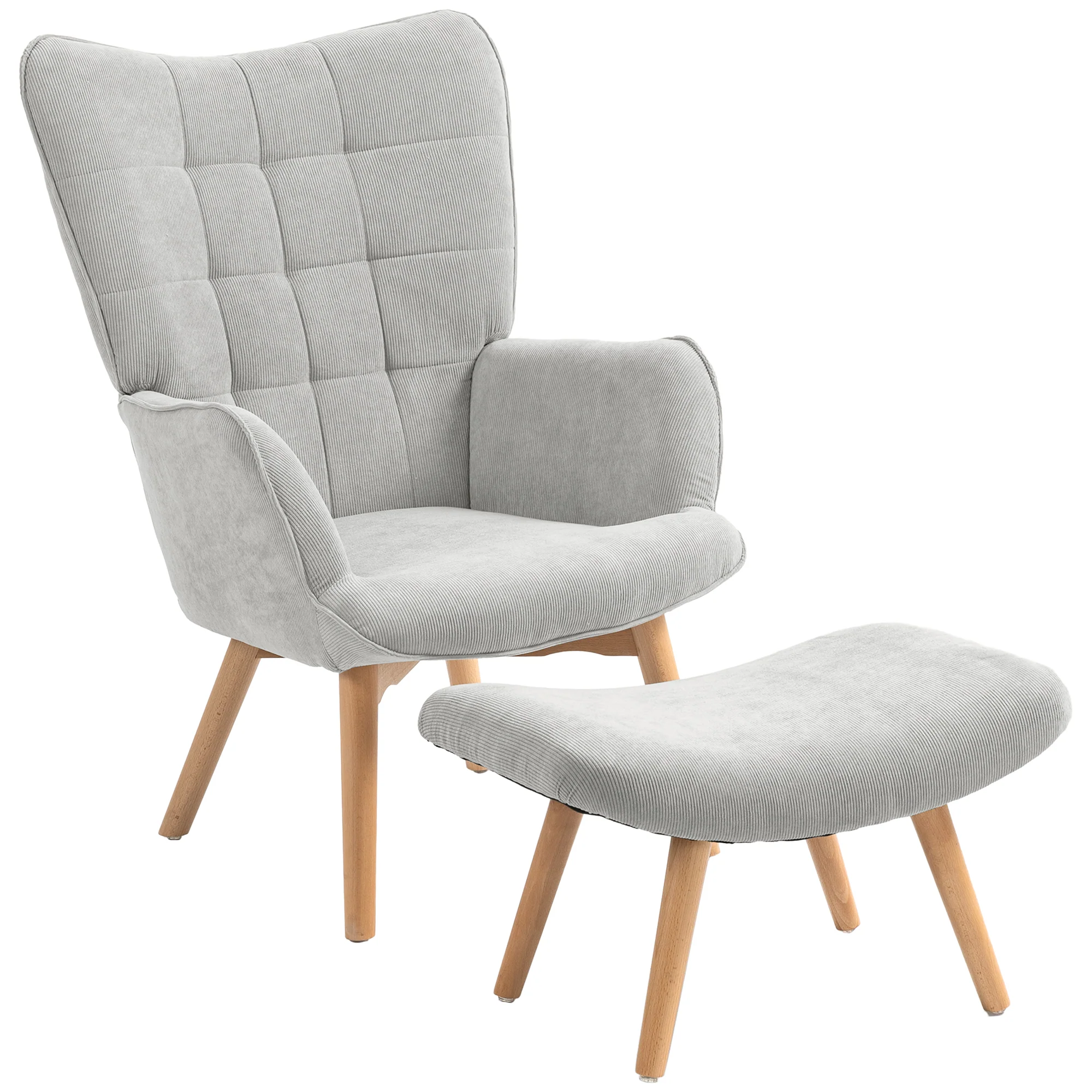 Fauteuil avec repose pied, fauteuil salon avec pieds en bois, dossier haut et tissu aspect velours c?telé, pour salon chambre à coucher gris - Image 2