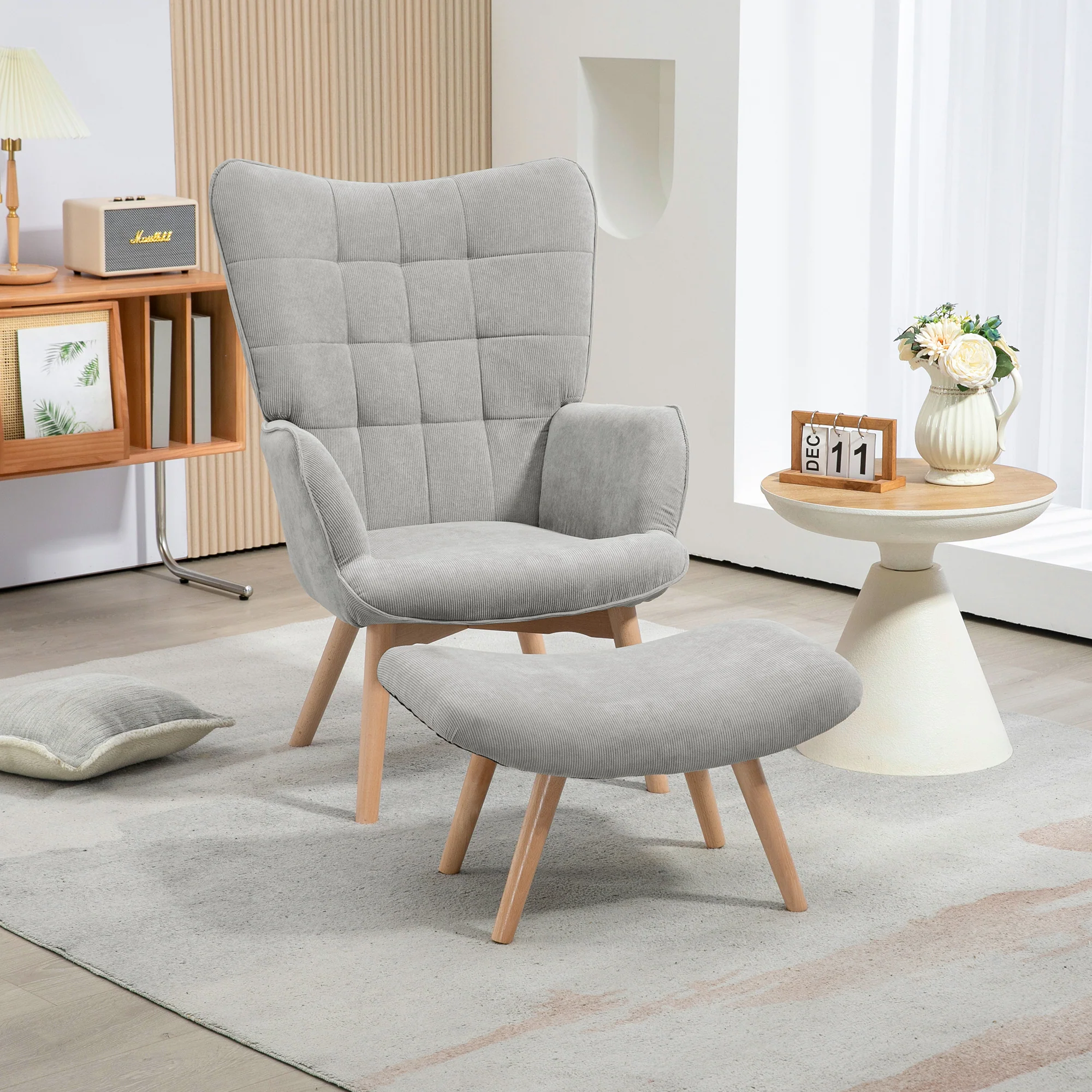 Fauteuil avec repose pied, fauteuil salon avec pieds en bois, dossier haut et tissu aspect velours c?telé, pour salon chambre à coucher gris - Image 3