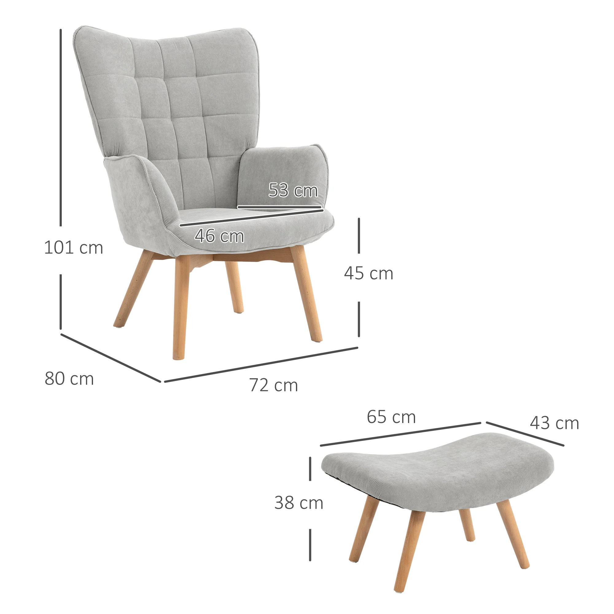 Fauteuil avec repose pied, fauteuil salon avec pieds en bois, dossier haut et tissu aspect velours c?telé, pour salon chambre à coucher gris - Image 4