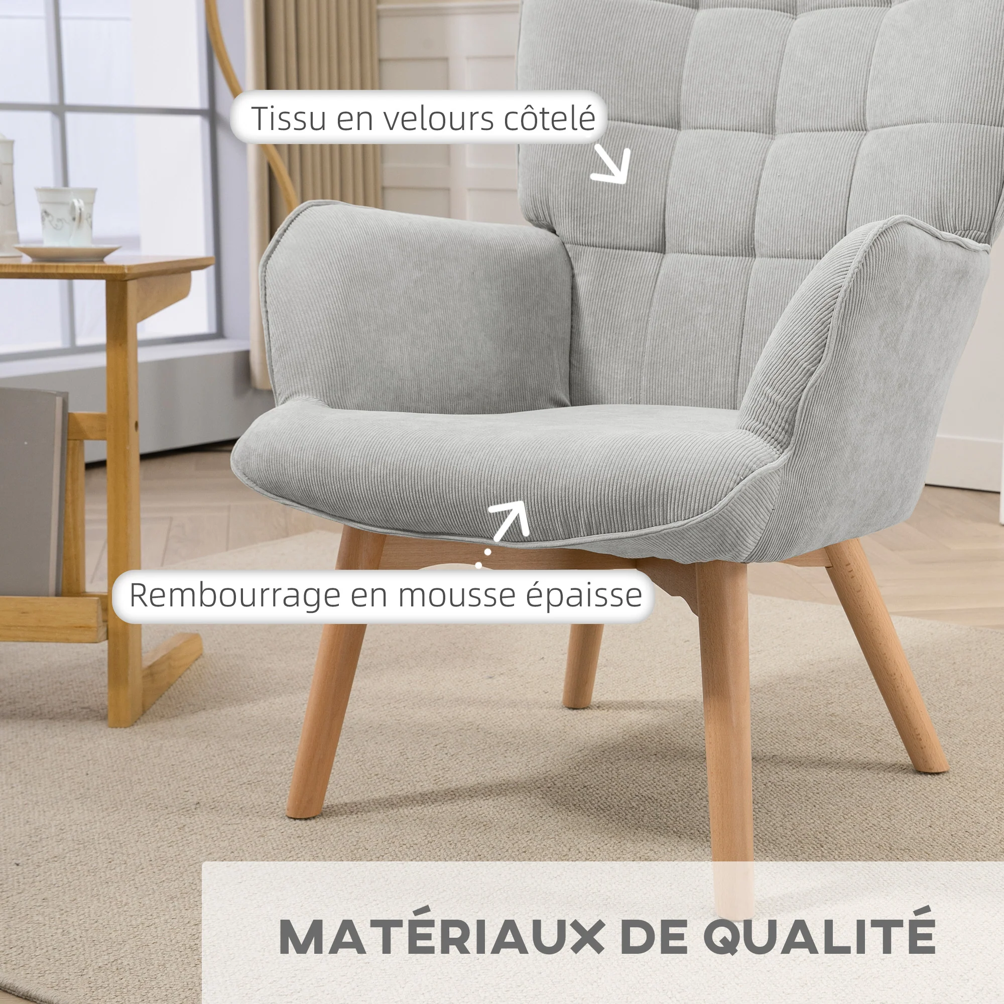 Fauteuil avec repose pied, fauteuil salon avec pieds en bois, dossier haut et tissu aspect velours c?telé, pour salon chambre à coucher gris - Image 5
