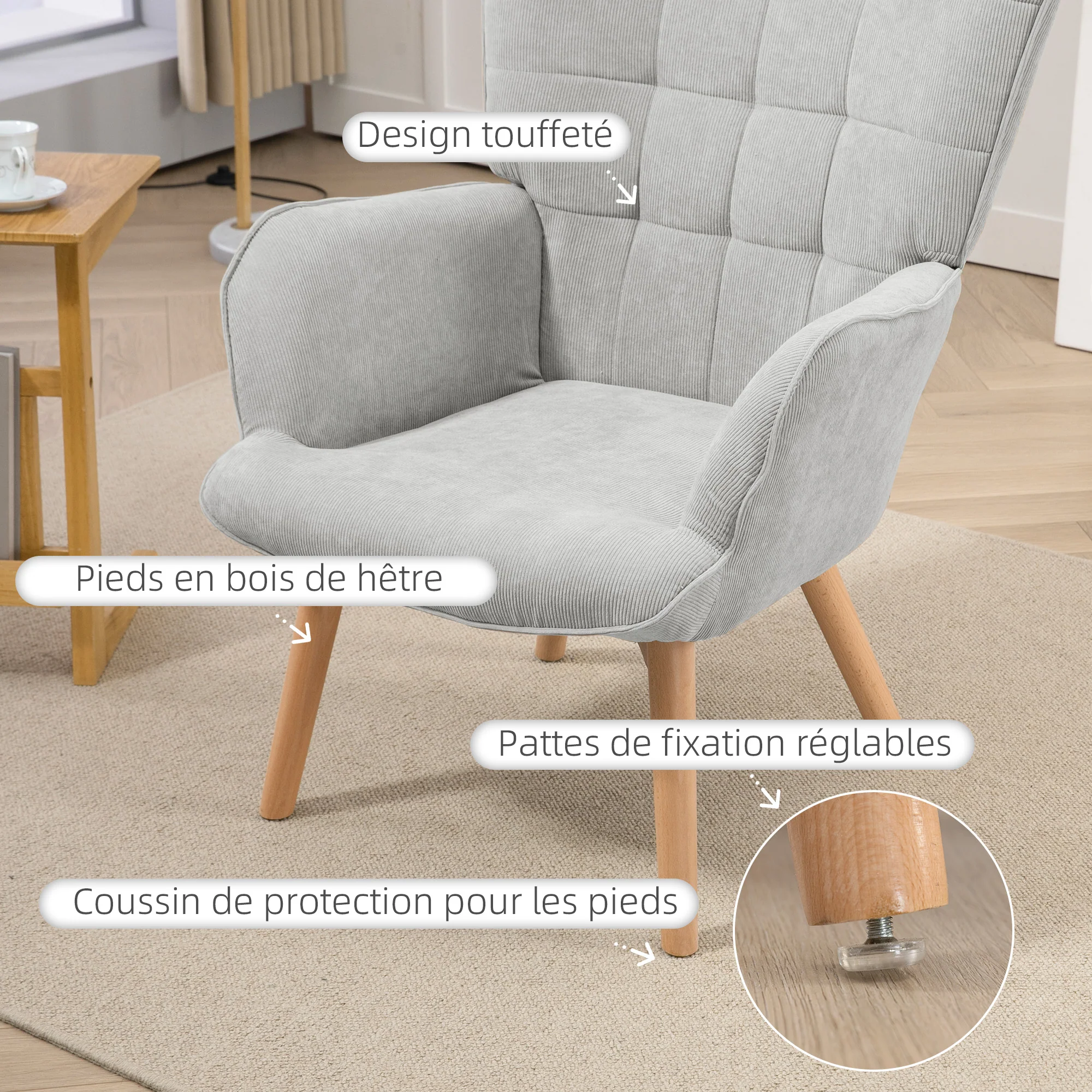 Fauteuil avec repose pied, fauteuil salon avec pieds en bois, dossier haut et tissu aspect velours c?telé, pour salon chambre à coucher gris - Image 6