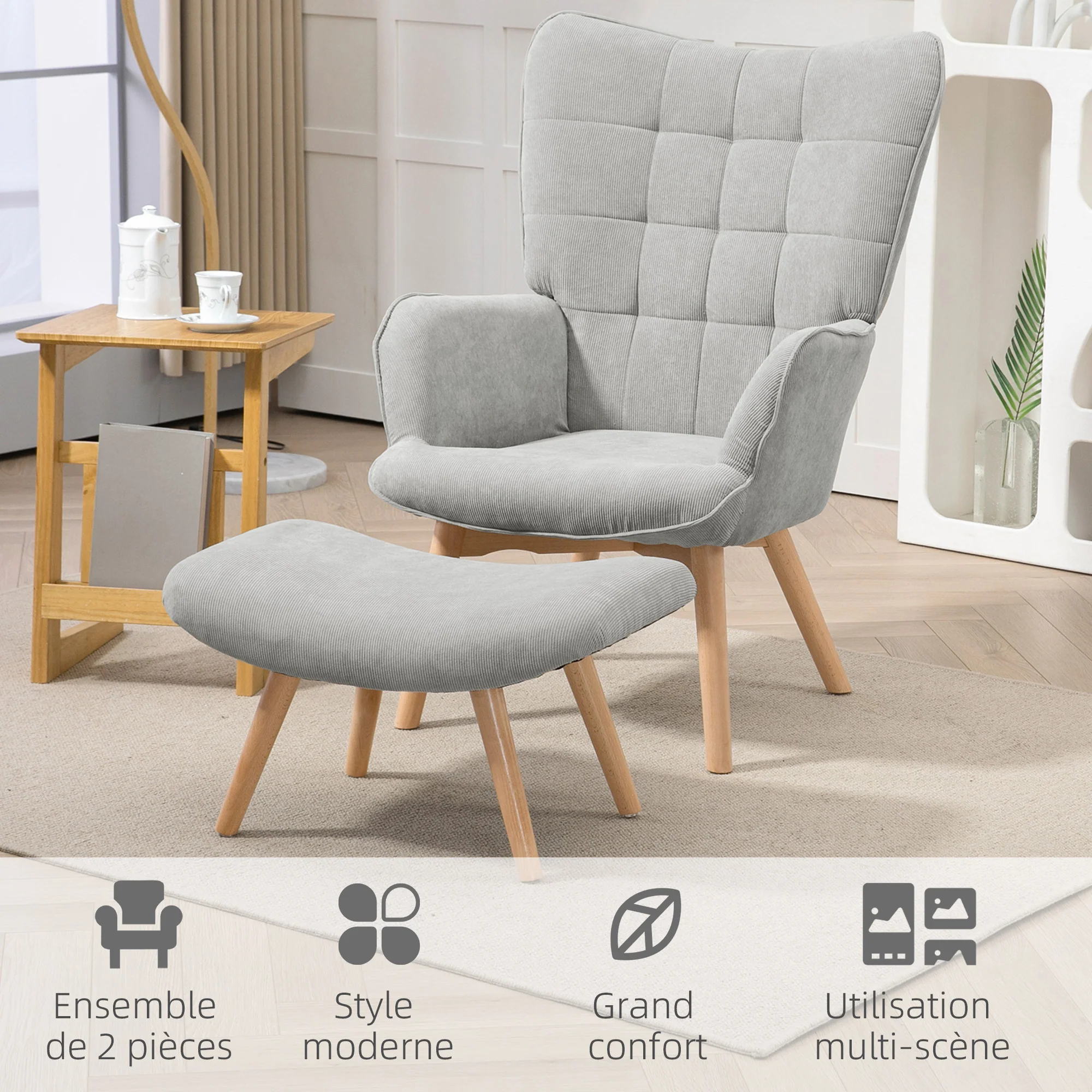 Fauteuil avec repose pied, fauteuil salon avec pieds en bois, dossier haut et tissu aspect velours c?telé, pour salon chambre à coucher gris - Image 7