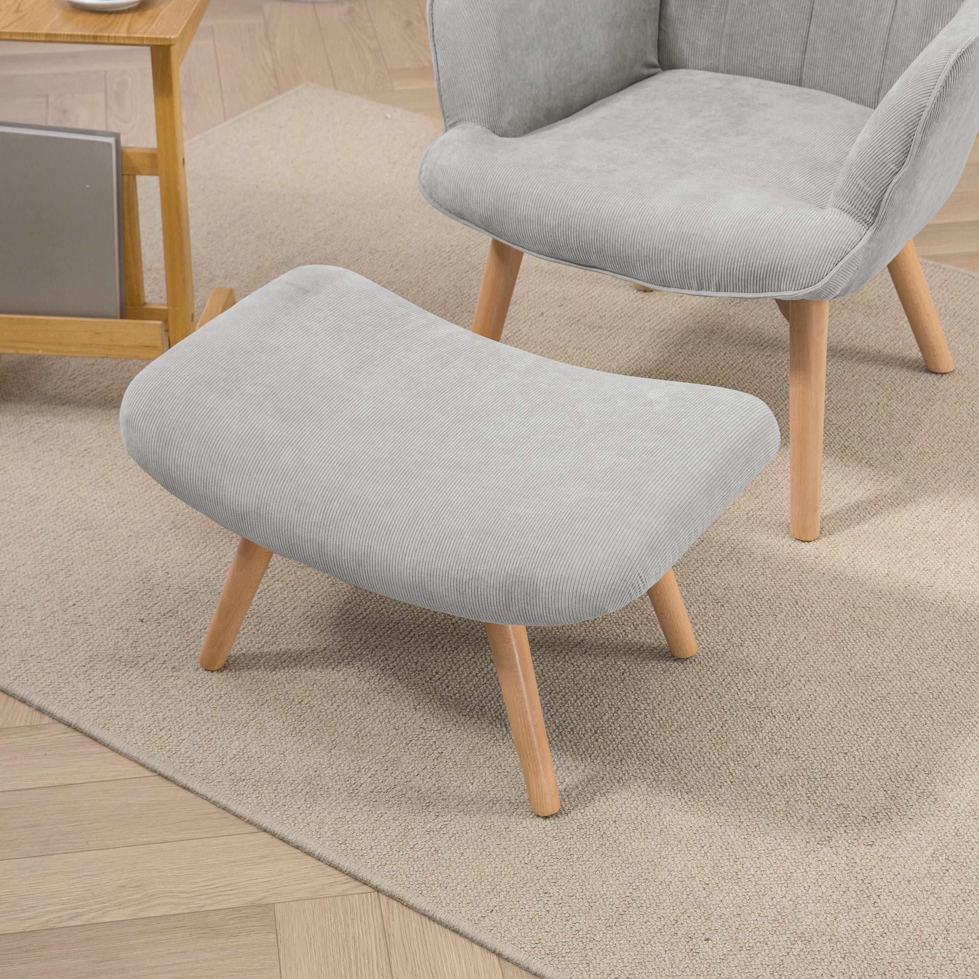 Fauteuil avec repose pied, fauteuil salon avec pieds en bois, dossier haut et tissu aspect velours c?telé, pour salon chambre à coucher gris - Image 8
