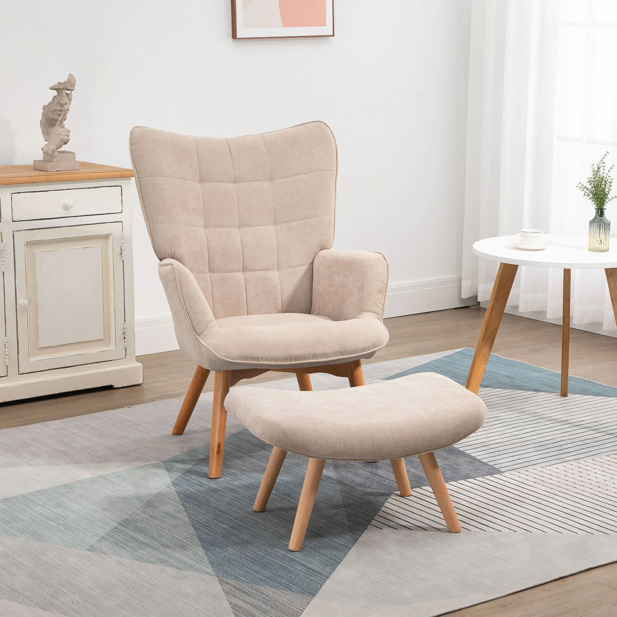 Fauteuil avec repose pied, fauteuil salon avec pieds en bois, dossier haut et tissu aspect velours c?telé, pour salon chambre à coucher beige - Image 3