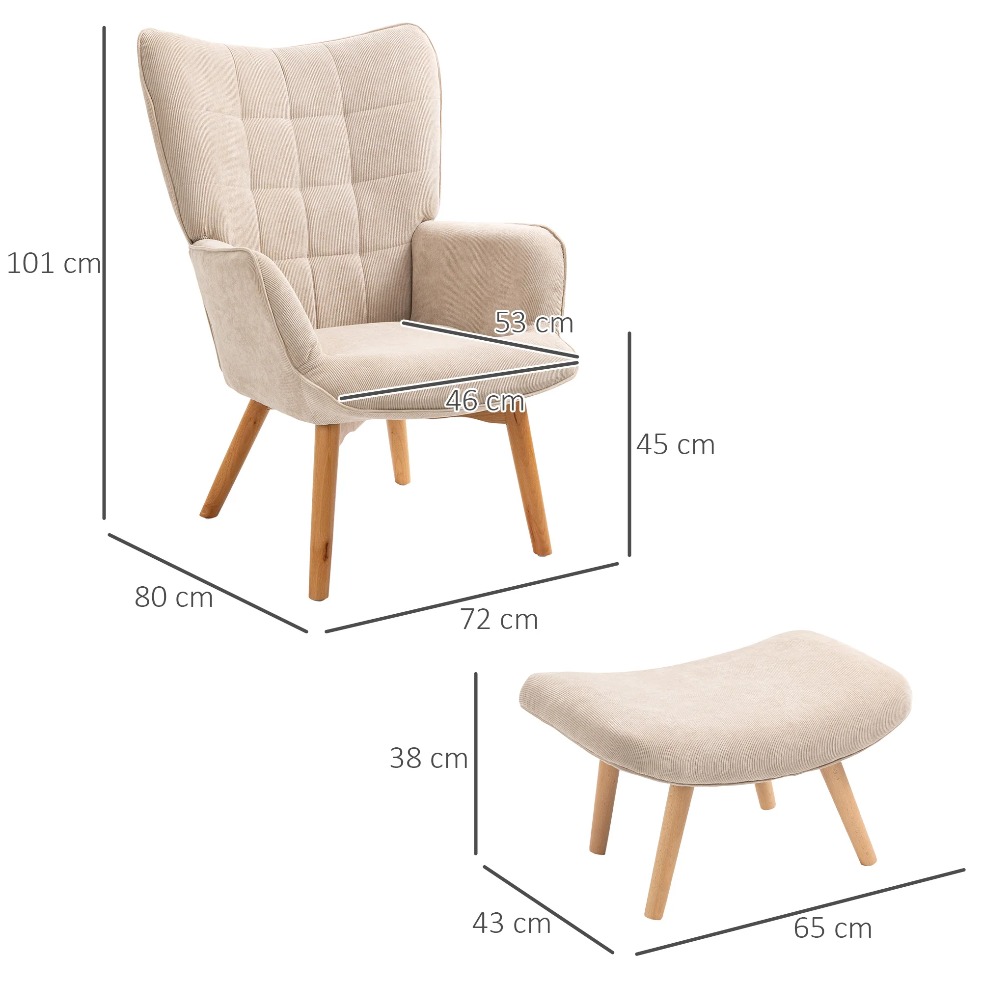 Fauteuil avec repose pied, fauteuil salon avec pieds en bois, dossier haut et tissu aspect velours c?telé, pour salon chambre à coucher beige - Image 4