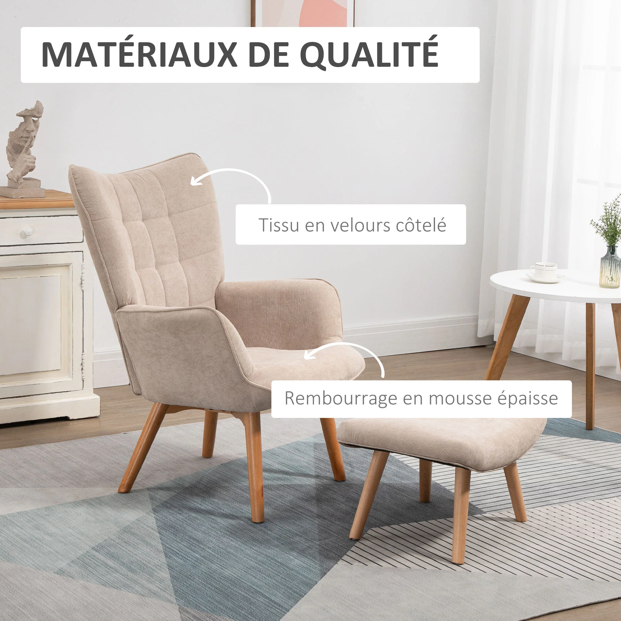 Fauteuil avec repose pied, fauteuil salon avec pieds en bois, dossier haut et tissu aspect velours c?telé, pour salon chambre à coucher beige - Image 5