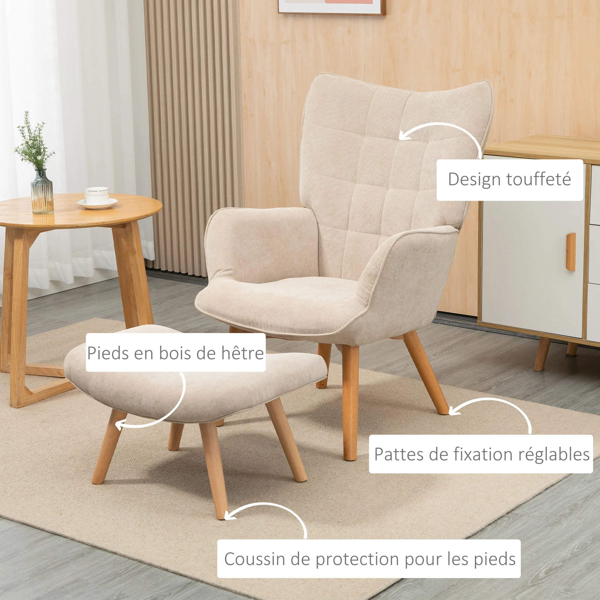 Fauteuil avec repose pied, fauteuil salon avec pieds en bois, dossier haut et tissu aspect velours c?telé, pour salon chambre à coucher beige - Image 6
