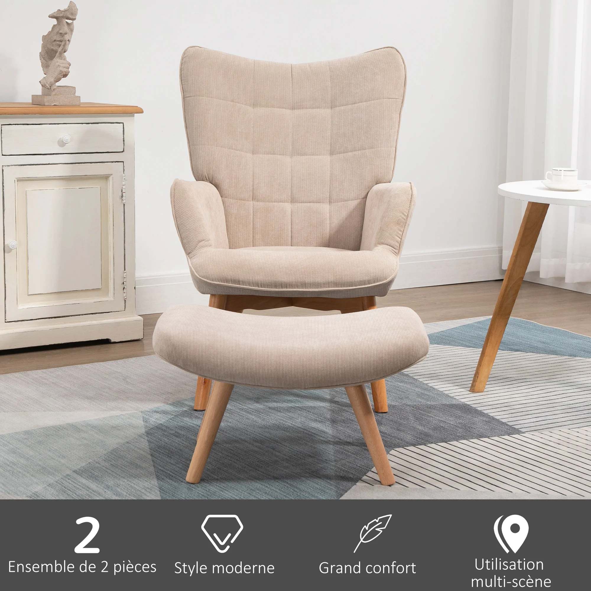 Fauteuil avec repose pied, fauteuil salon avec pieds en bois, dossier haut et tissu aspect velours c?telé, pour salon chambre à coucher beige - Image 7