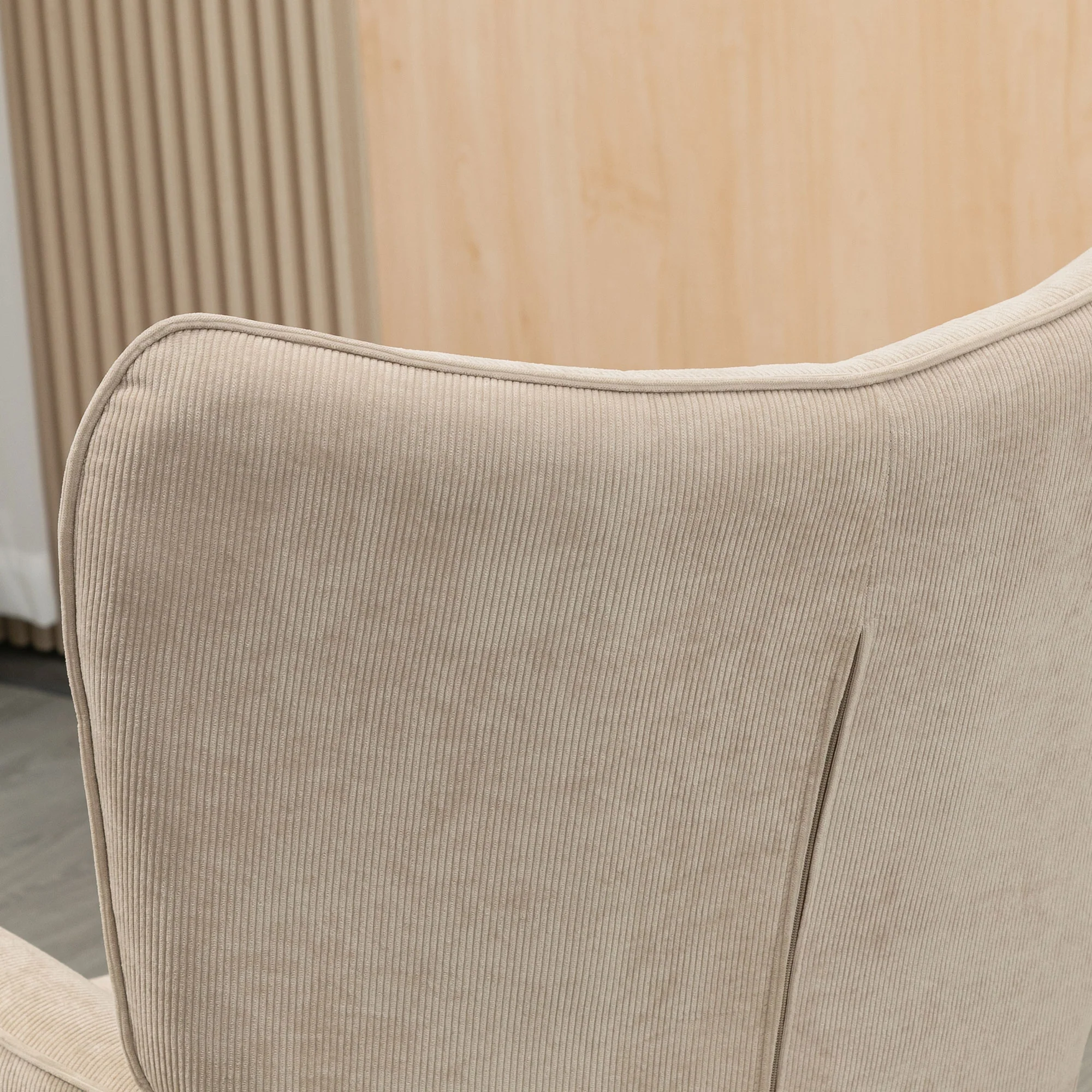 Fauteuil avec repose pied, fauteuil salon avec pieds en bois, dossier haut et tissu aspect velours c?telé, pour salon chambre à coucher beige - Image 9
