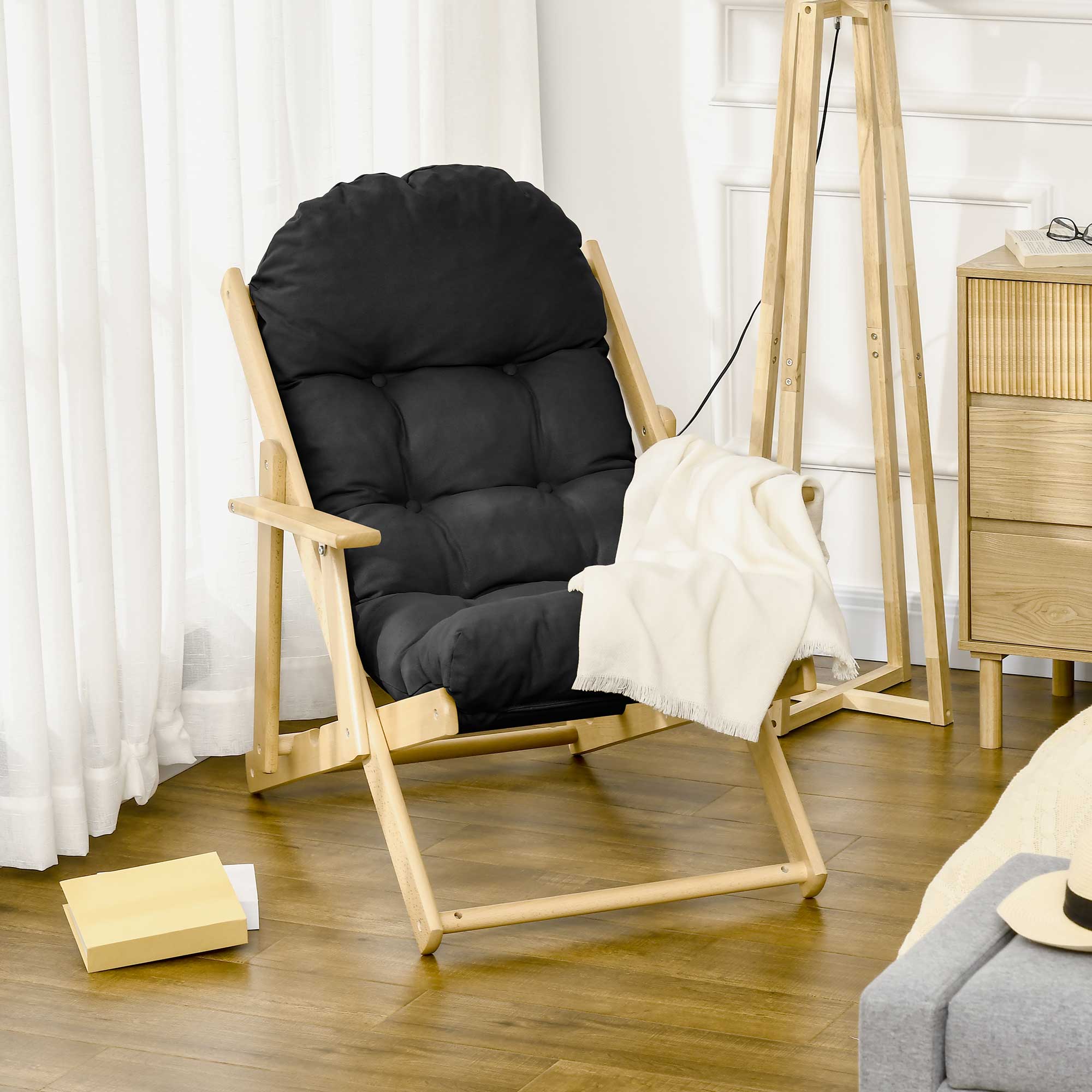 Fauteuil Chaise de Salon Pliable et inclinable en Bois Fauteuil Relax Confortable avec Coussin capitonné épais - 71 x 89 x 96 cm noir - Image 3
