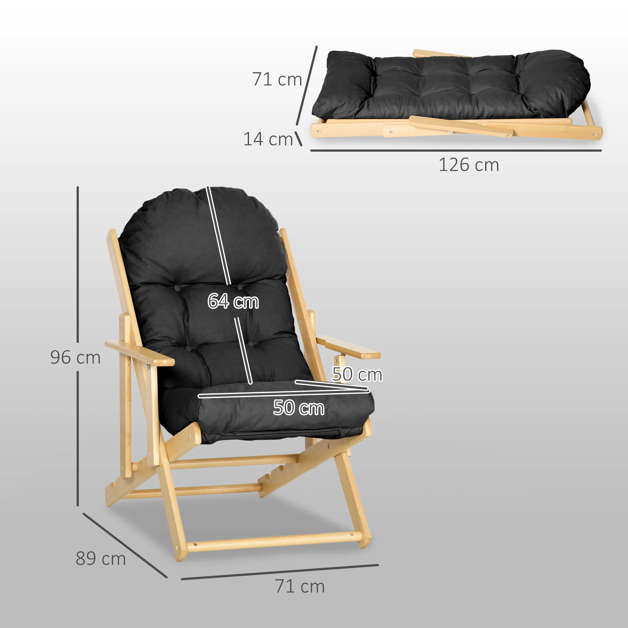 Fauteuil Chaise de Salon Pliable et inclinable en Bois Fauteuil Relax Confortable avec Coussin capitonné épais - 71 x 89 x 96 cm noir - Image 4