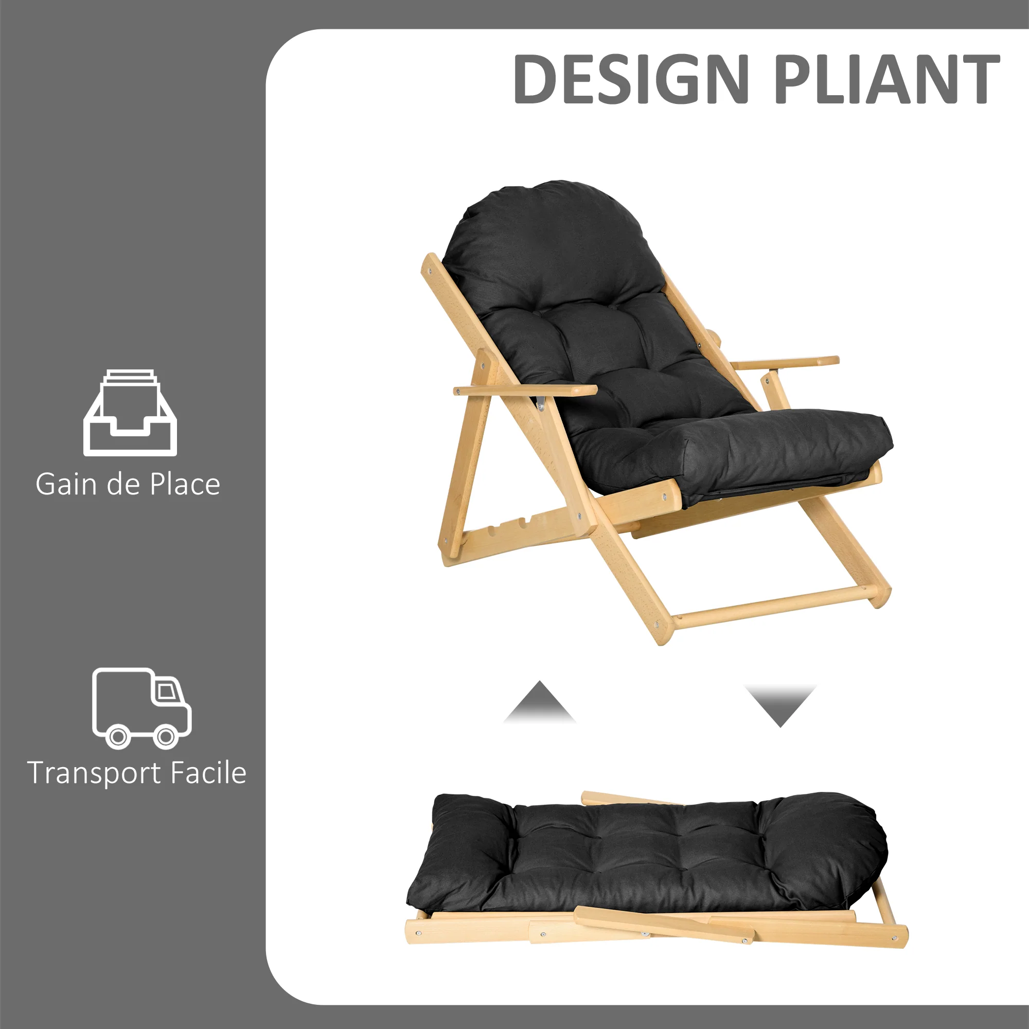 Fauteuil Chaise de Salon Pliable et inclinable en Bois Fauteuil Relax Confortable avec Coussin capitonné épais - 71 x 89 x 96 cm noir - Image 7