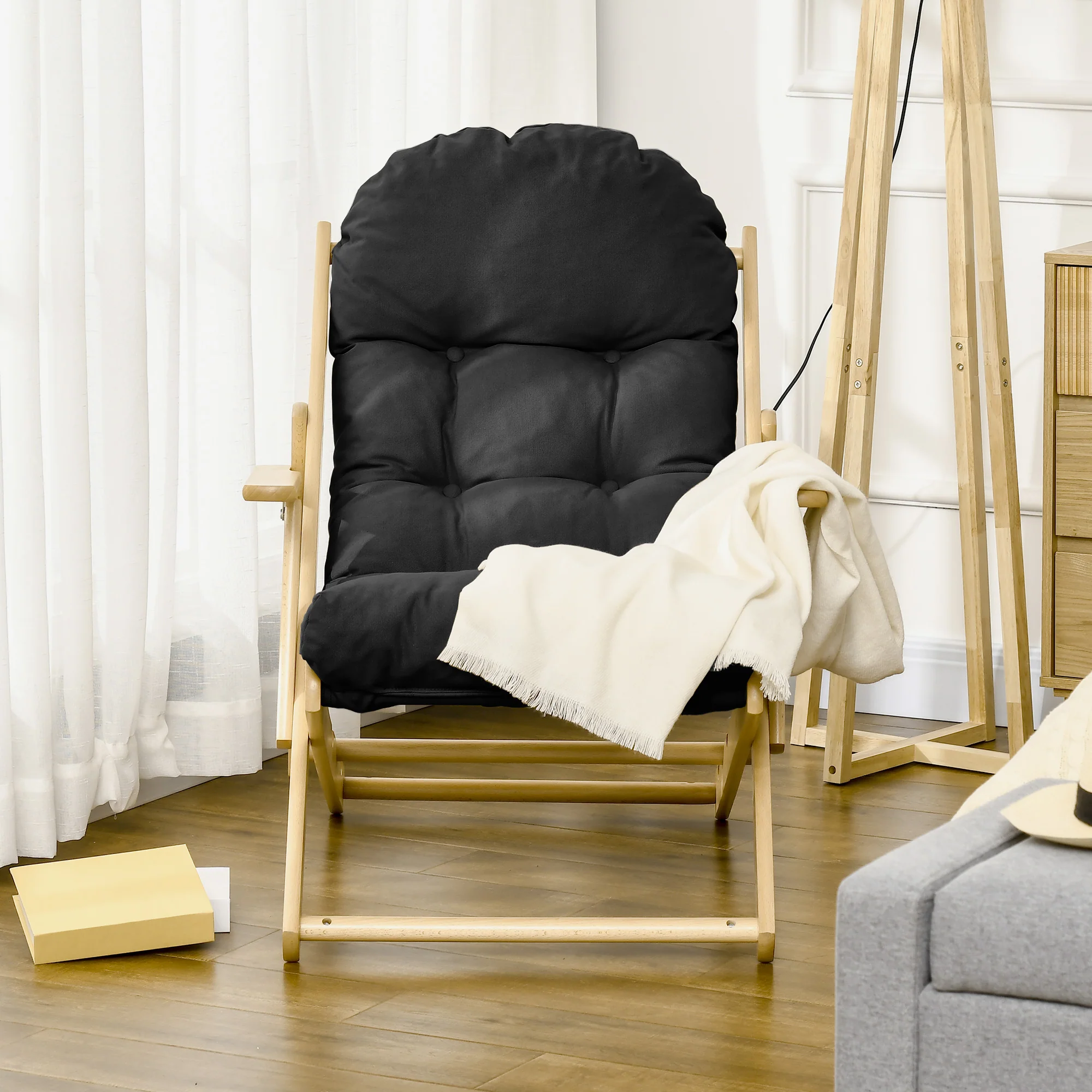 Fauteuil Chaise de Salon Pliable et inclinable en Bois Fauteuil Relax Confortable avec Coussin capitonné épais - 71 x 89 x 96 cm noir - Image 9
