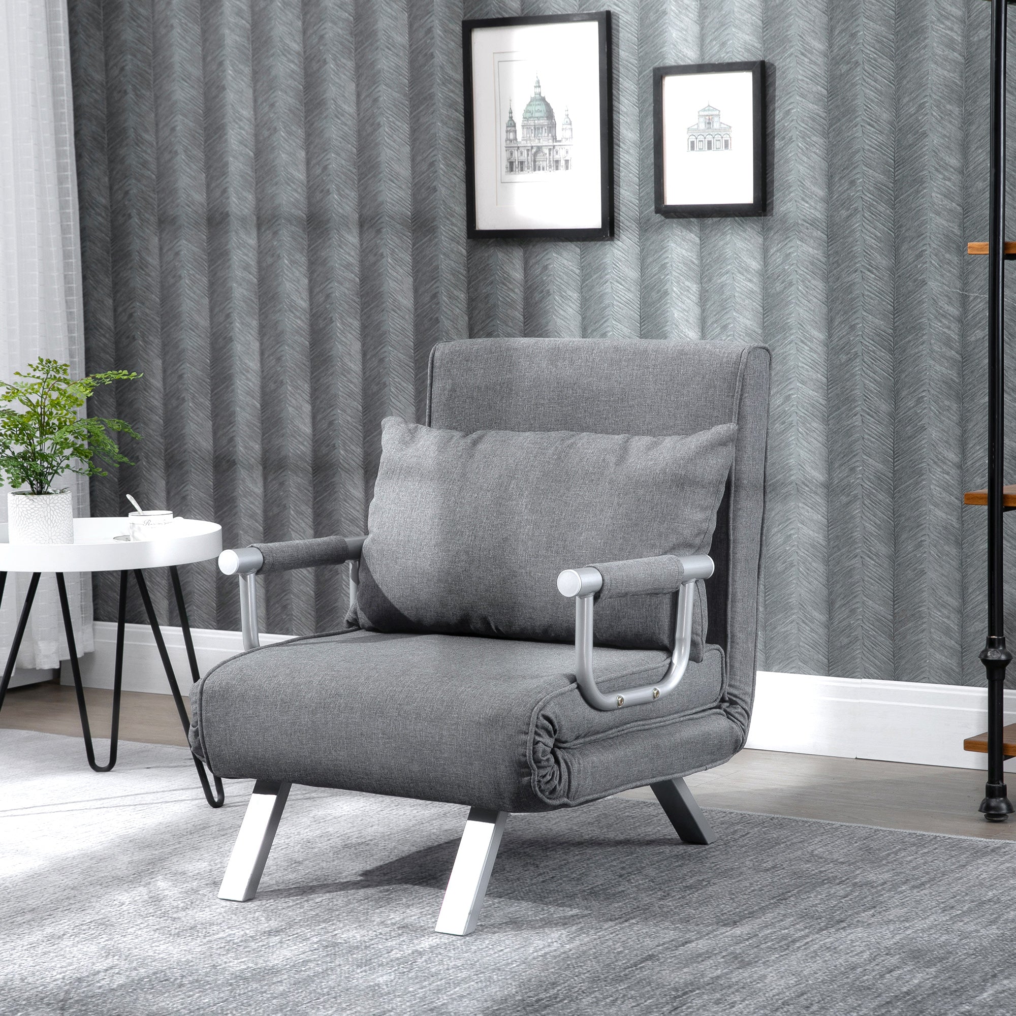 Fauteuil chauffeuse canapé-lit Convertible 1 Place déhoussable Grand Confort Coussin Pieds accoudoirs métal Lin Gris Clair - Image 3