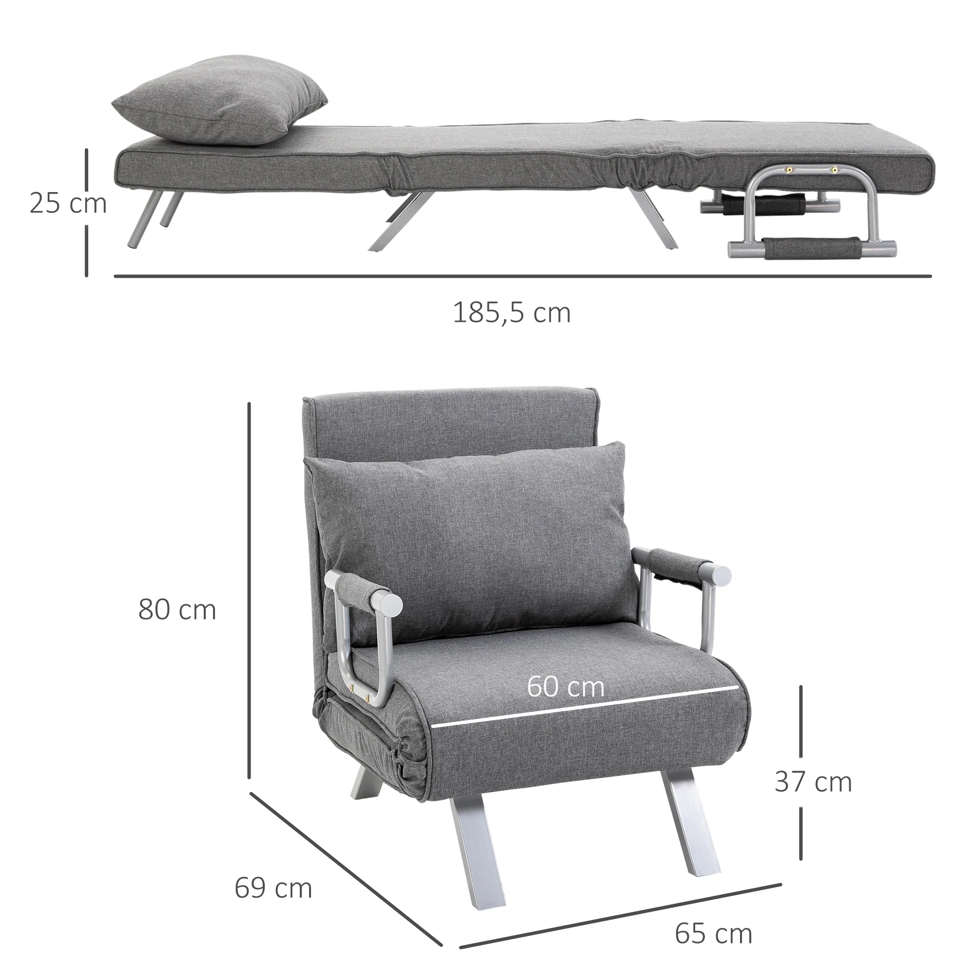 Fauteuil chauffeuse canapé-lit Convertible 1 Place déhoussable Grand Confort Coussin Pieds accoudoirs métal Lin Gris Clair - Image 4