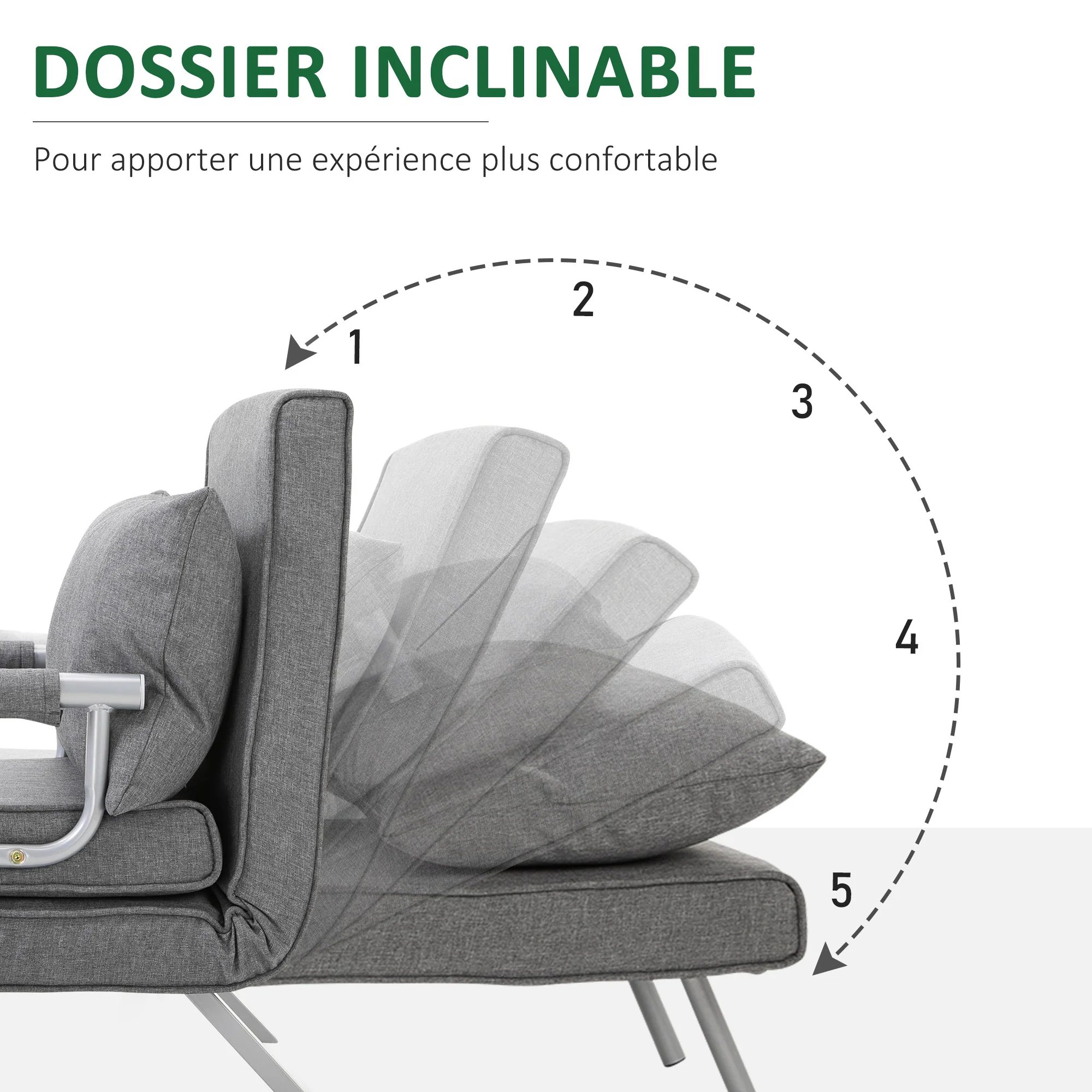 Fauteuil chauffeuse canapé-lit Convertible 1 Place déhoussable Grand Confort Coussin Pieds accoudoirs métal Lin Gris Clair - Image 5