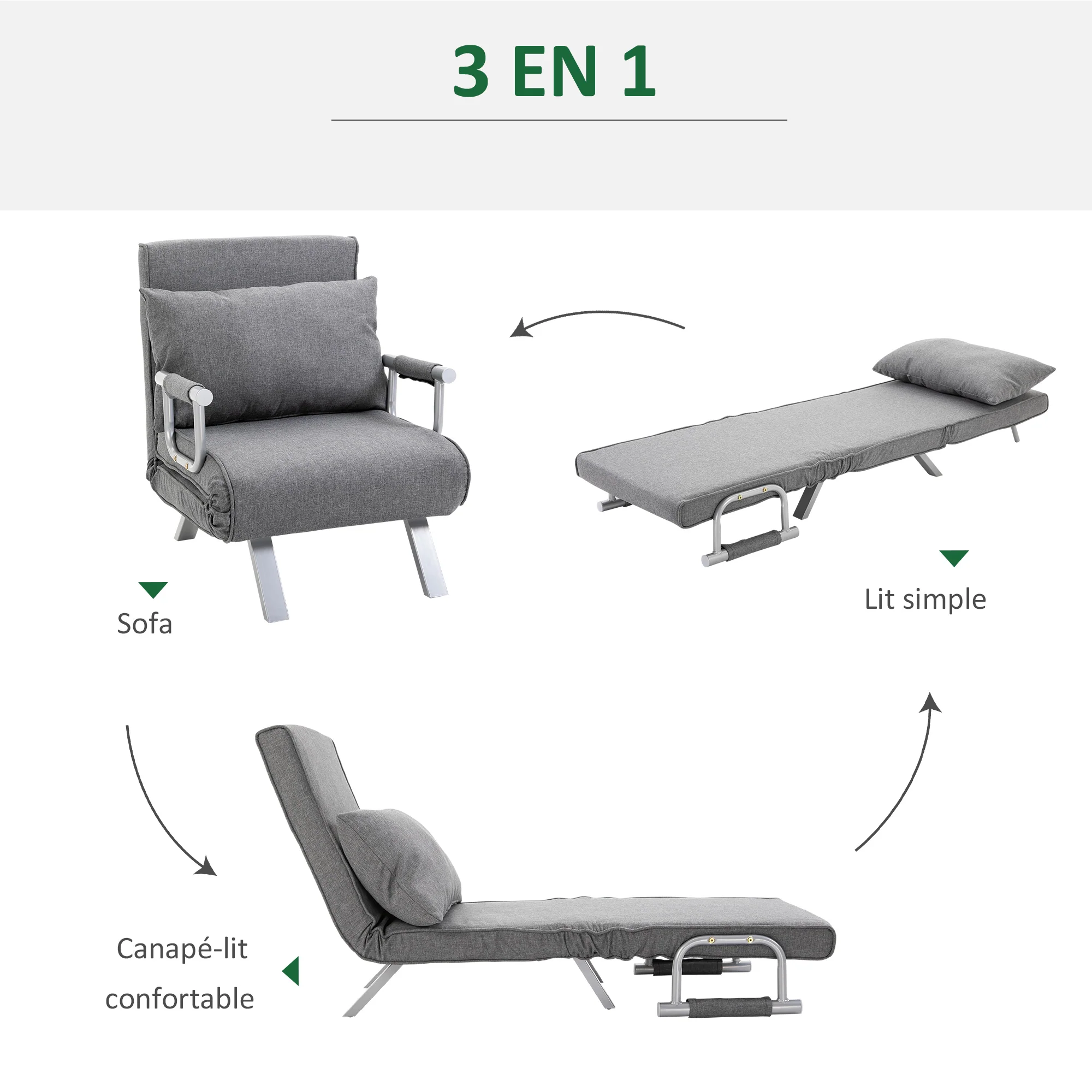 Fauteuil chauffeuse canapé-lit Convertible 1 Place déhoussable Grand Confort Coussin Pieds accoudoirs métal Lin Gris Clair - Image 6