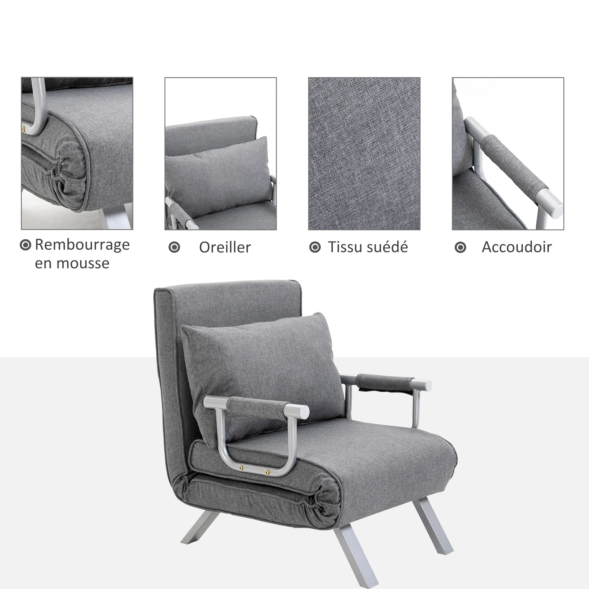 Fauteuil chauffeuse canapé-lit Convertible 1 Place déhoussable Grand Confort Coussin Pieds accoudoirs métal Lin Gris Clair - Image 7
