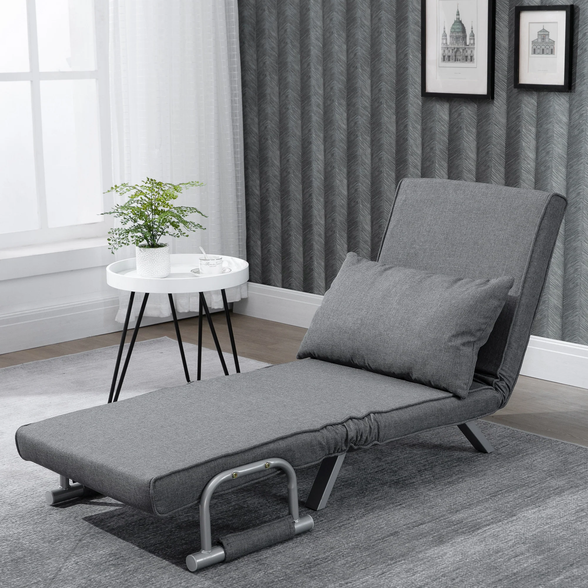 Fauteuil chauffeuse canapé-lit Convertible 1 Place déhoussable Grand Confort Coussin Pieds accoudoirs métal Lin Gris Clair - Image 9