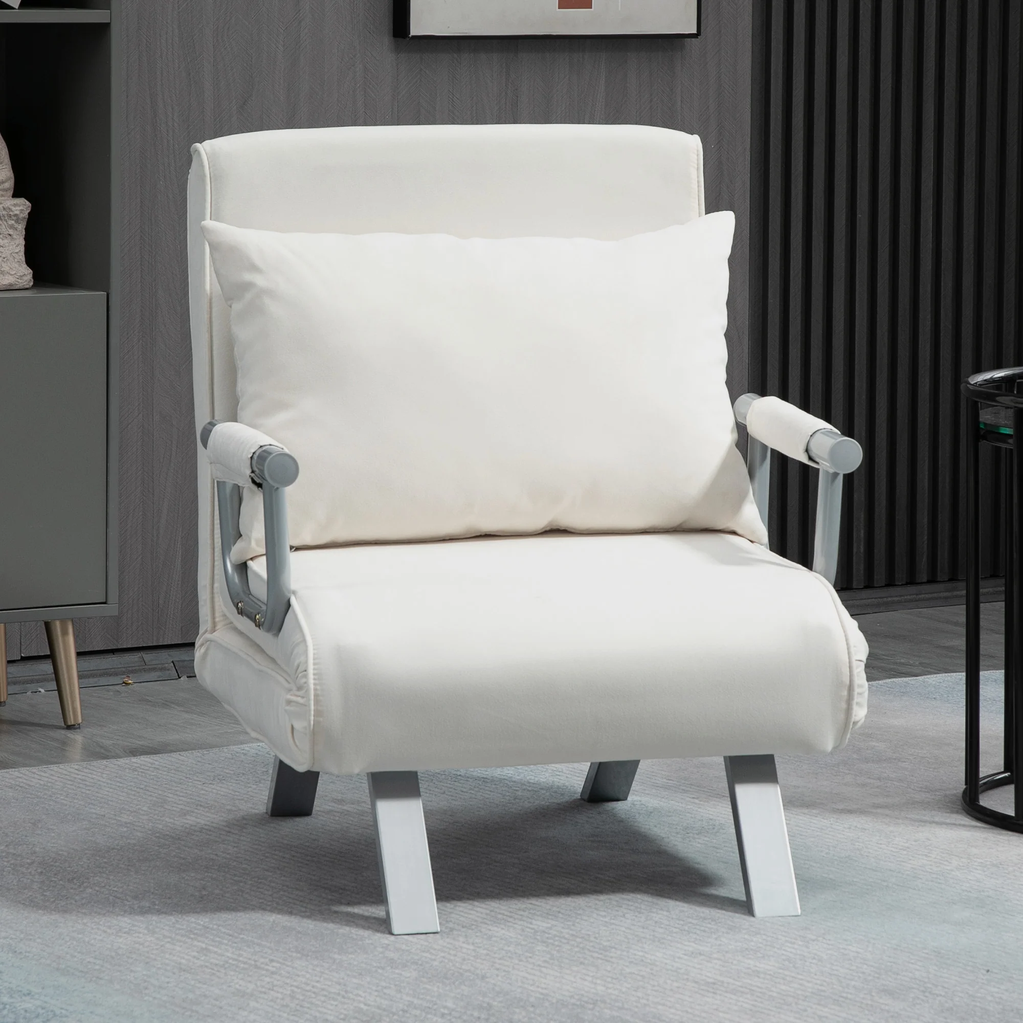 Fauteuil chauffeuse canapé-lit Convertible 1 Place déhoussable Grand Confort Coussin Pieds accoudoirs métal suède blanc - Image 3