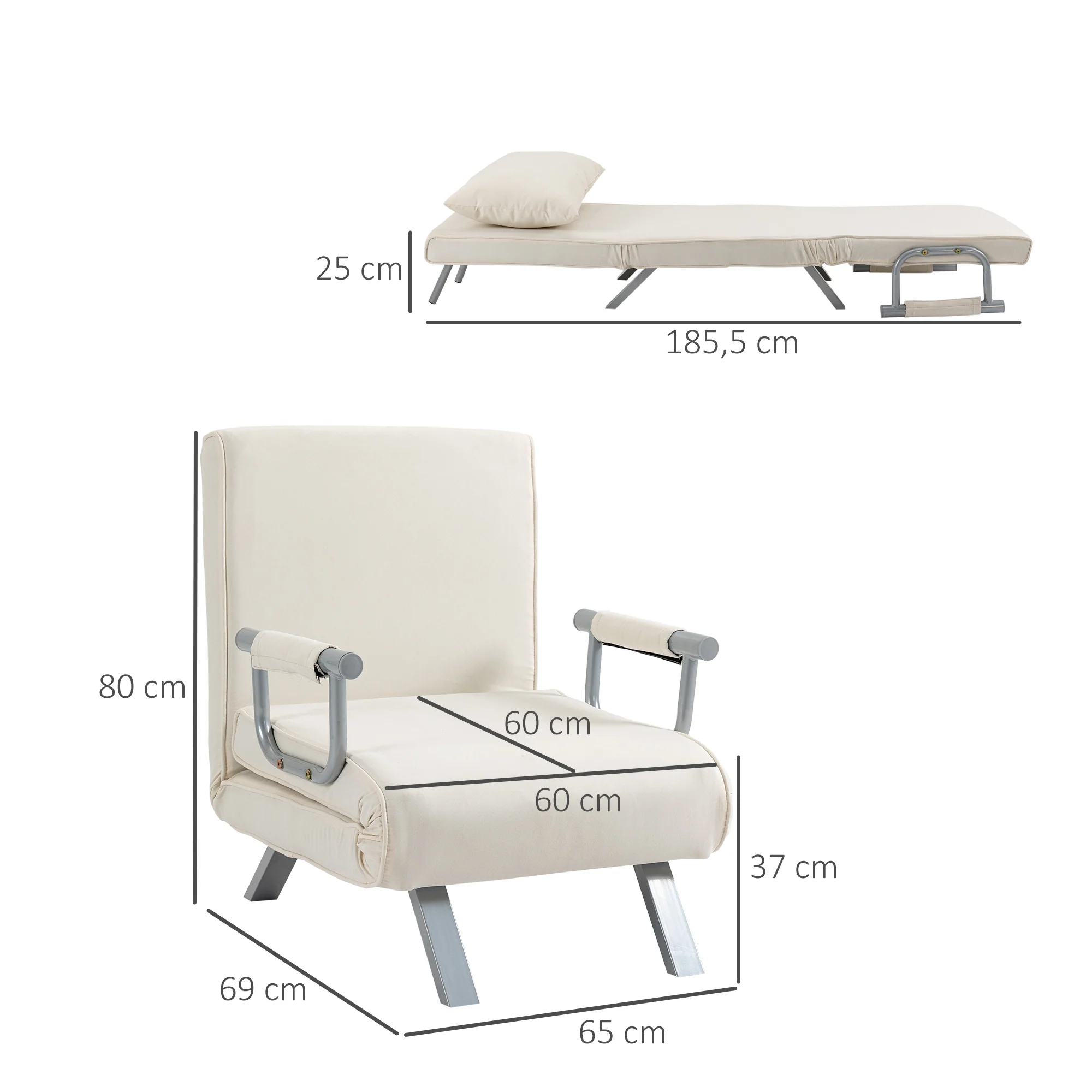 Fauteuil chauffeuse canapé-lit Convertible 1 Place déhoussable Grand Confort Coussin Pieds accoudoirs métal suède blanc - Image 4