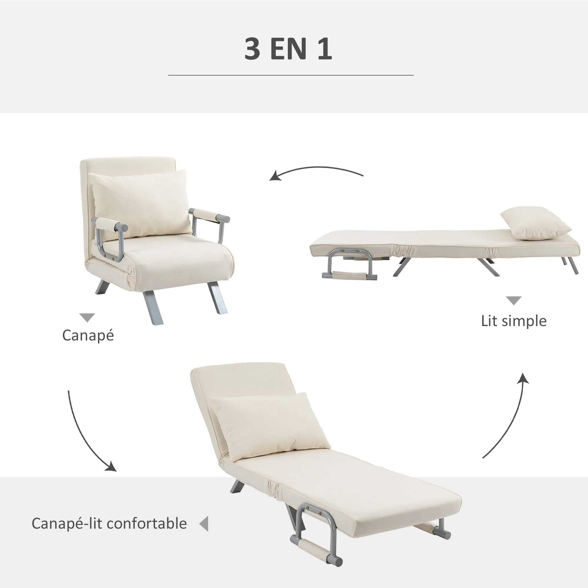 Fauteuil chauffeuse canapé-lit Convertible 1 Place déhoussable Grand Confort Coussin Pieds accoudoirs métal suède blanc - Image 6