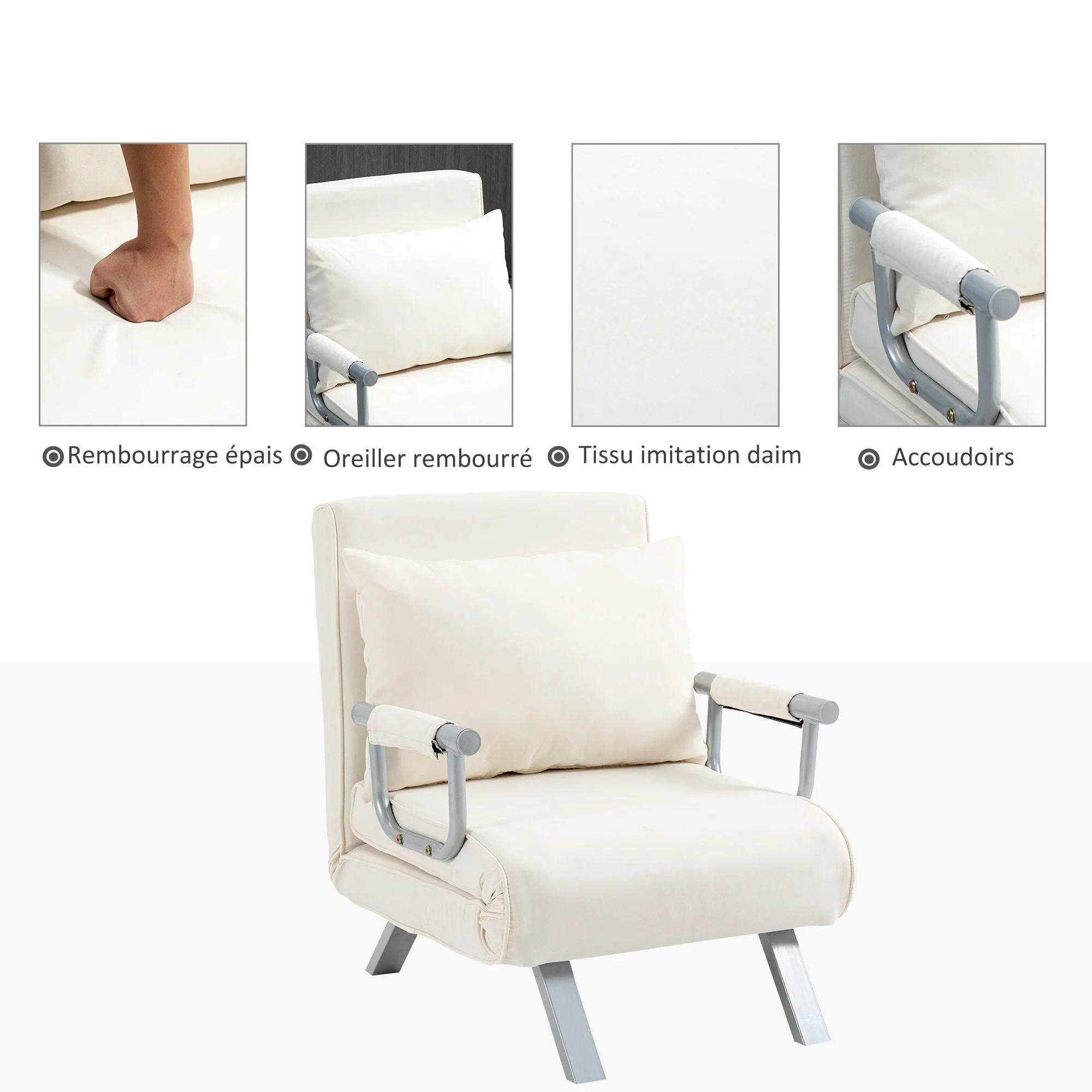 Fauteuil chauffeuse canapé-lit Convertible 1 Place déhoussable Grand Confort Coussin Pieds accoudoirs métal suède blanc - Image 7