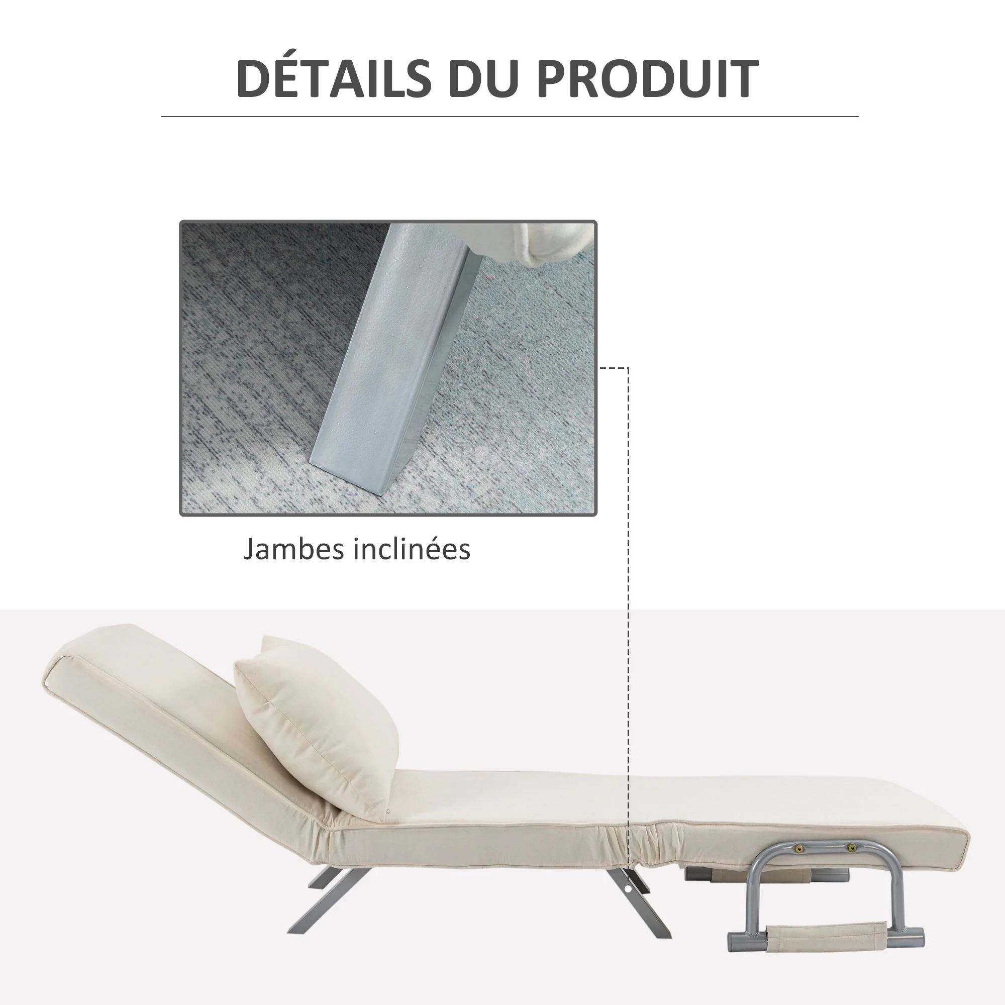 Fauteuil chauffeuse canapé-lit Convertible 1 Place déhoussable Grand Confort Coussin Pieds accoudoirs métal suède blanc - Image 8