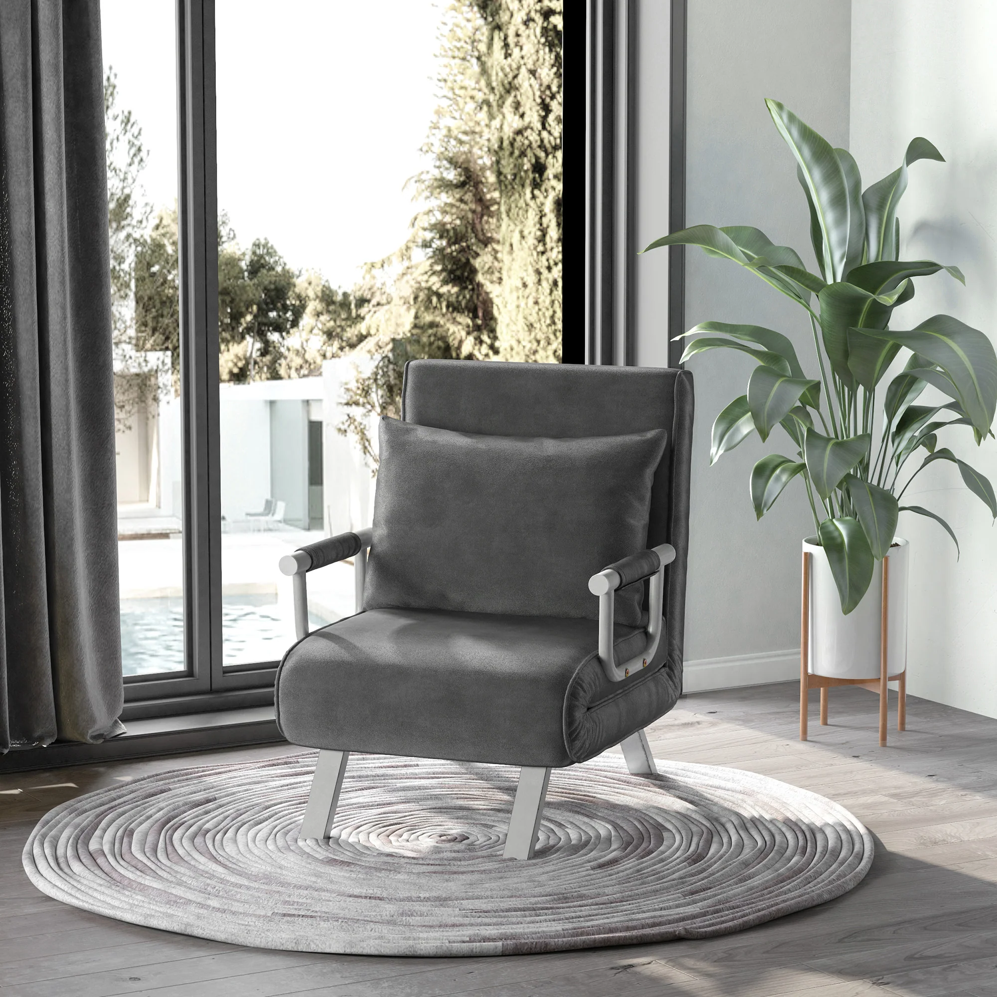 Fauteuil chauffeuse canapé-lit Convertible 1 Place déhoussable Grand Confort Coussin Pieds accoudoirs métal suède Gris - Image 3