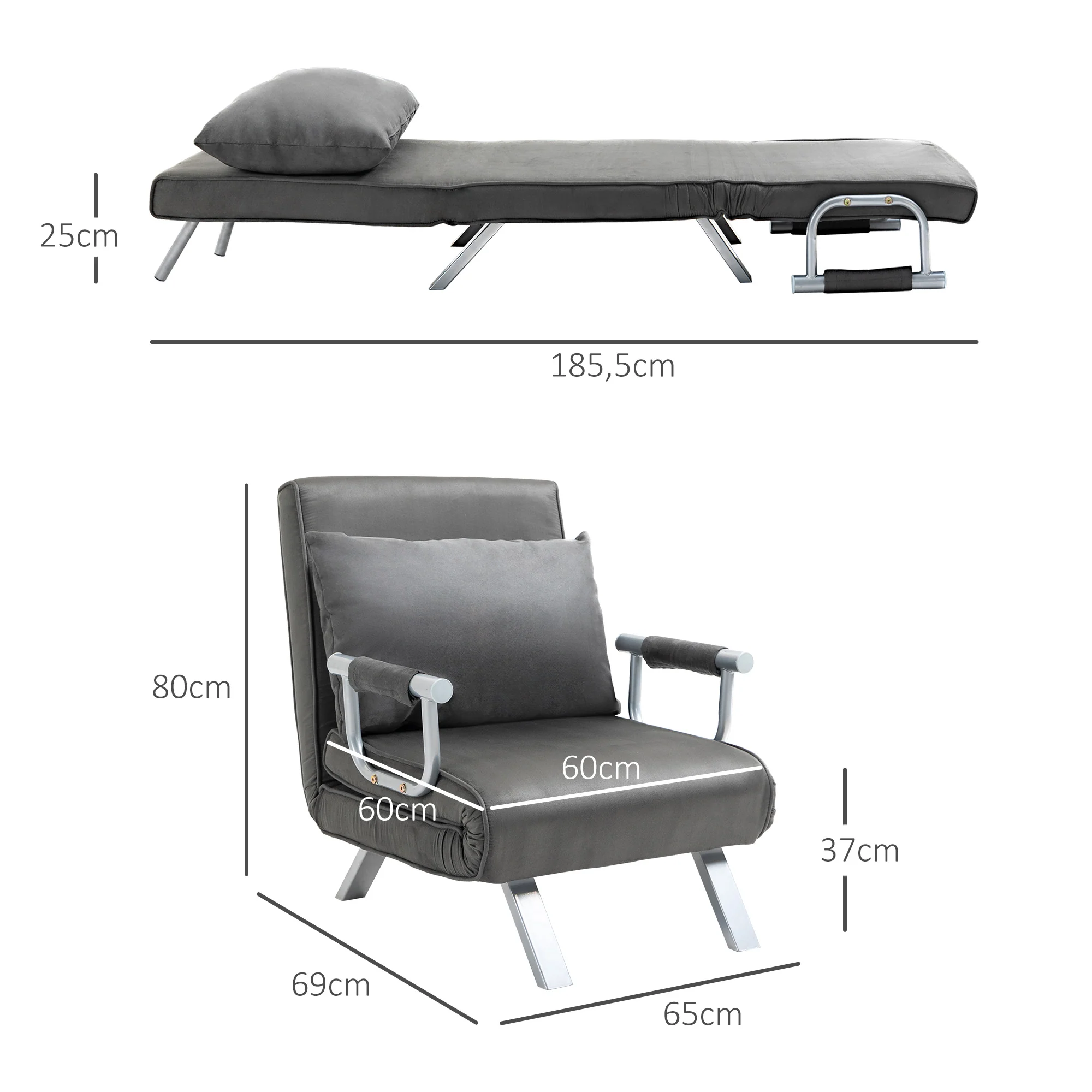 Fauteuil chauffeuse canapé-lit Convertible 1 Place déhoussable Grand Confort Coussin Pieds accoudoirs métal suède Gris - Image 4