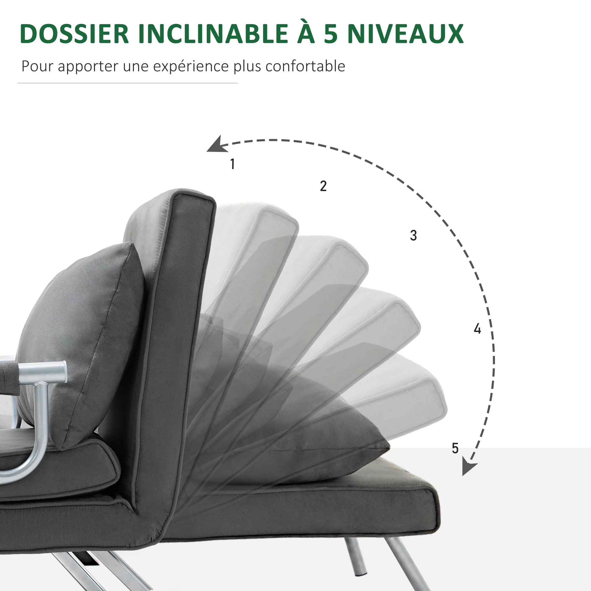 Fauteuil chauffeuse canapé-lit Convertible 1 Place déhoussable Grand Confort Coussin Pieds accoudoirs métal suède Gris - Image 5