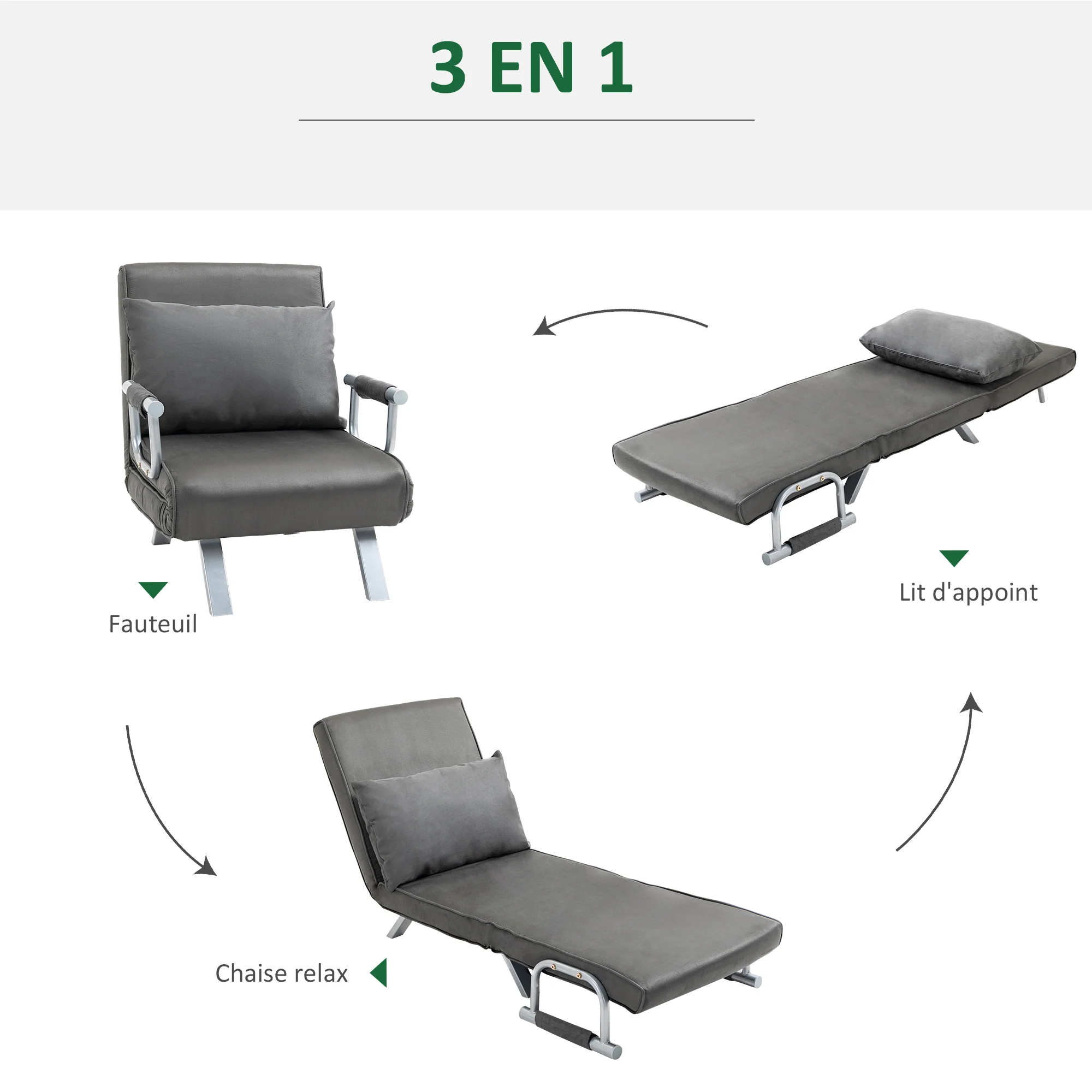 Fauteuil chauffeuse canapé-lit Convertible 1 Place déhoussable Grand Confort Coussin Pieds accoudoirs métal suède Gris - Image 6
