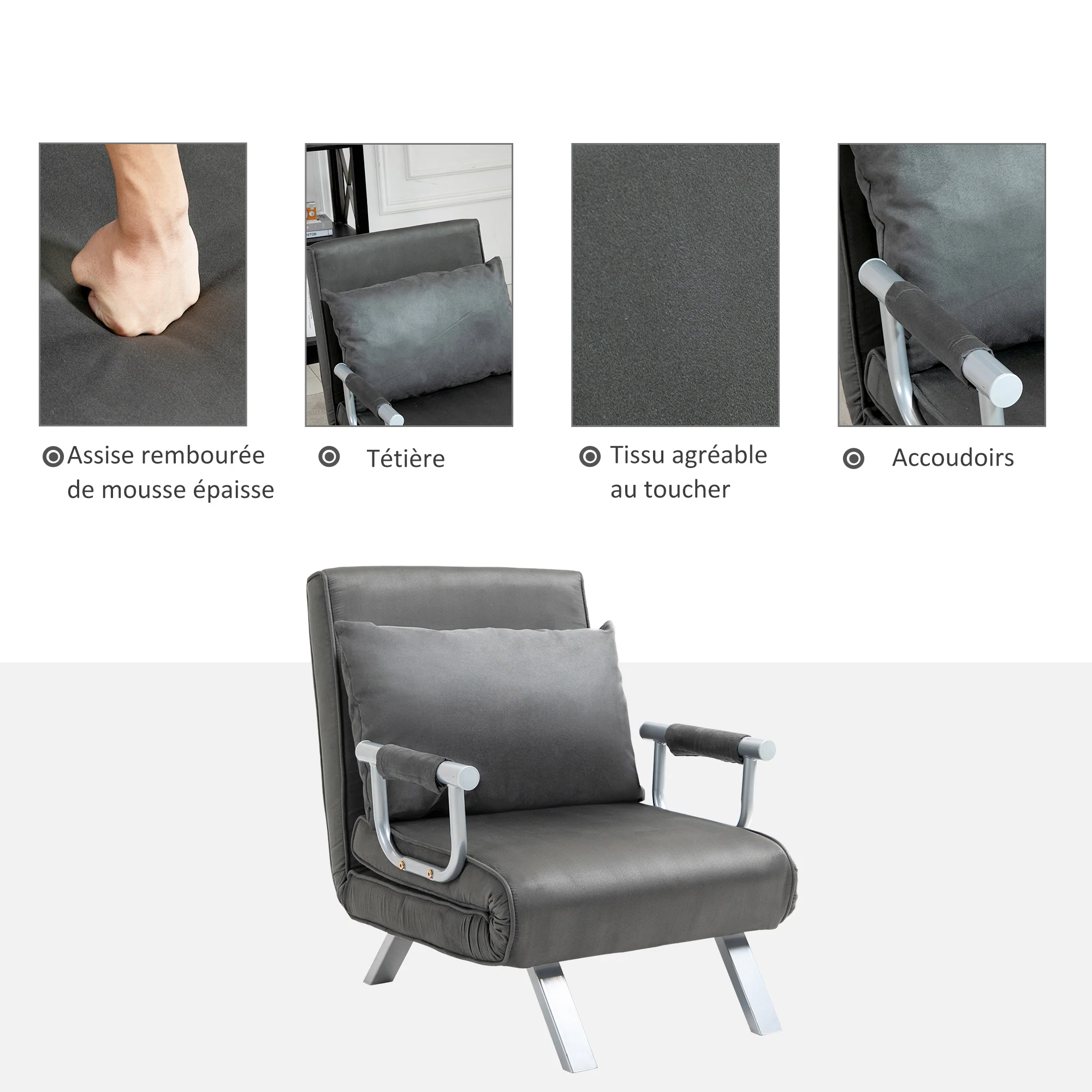 Fauteuil chauffeuse canapé-lit Convertible 1 Place déhoussable Grand Confort Coussin Pieds accoudoirs métal suède Gris - Image 7