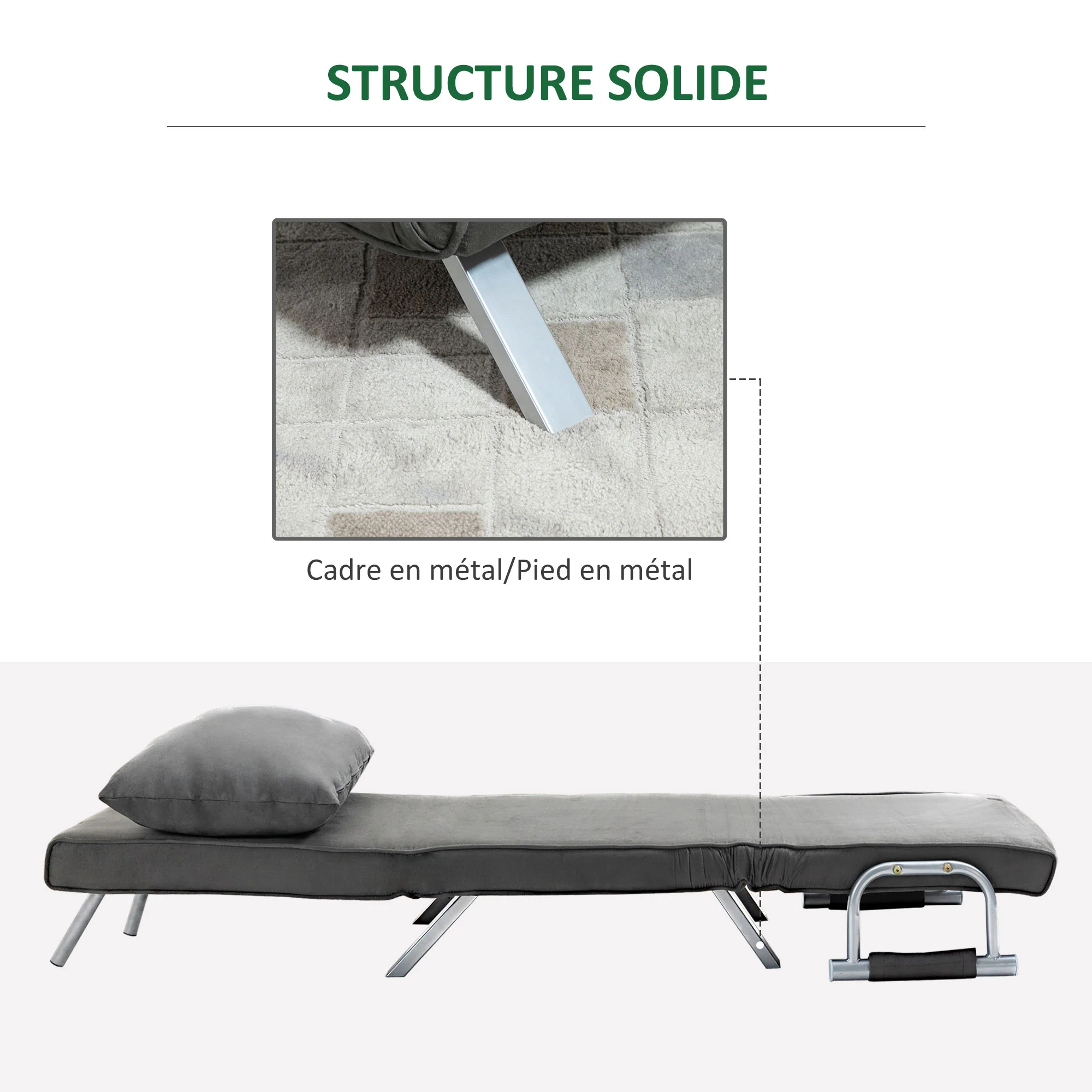 Fauteuil chauffeuse canapé-lit Convertible 1 Place déhoussable Grand Confort Coussin Pieds accoudoirs métal suède Gris - Image 8