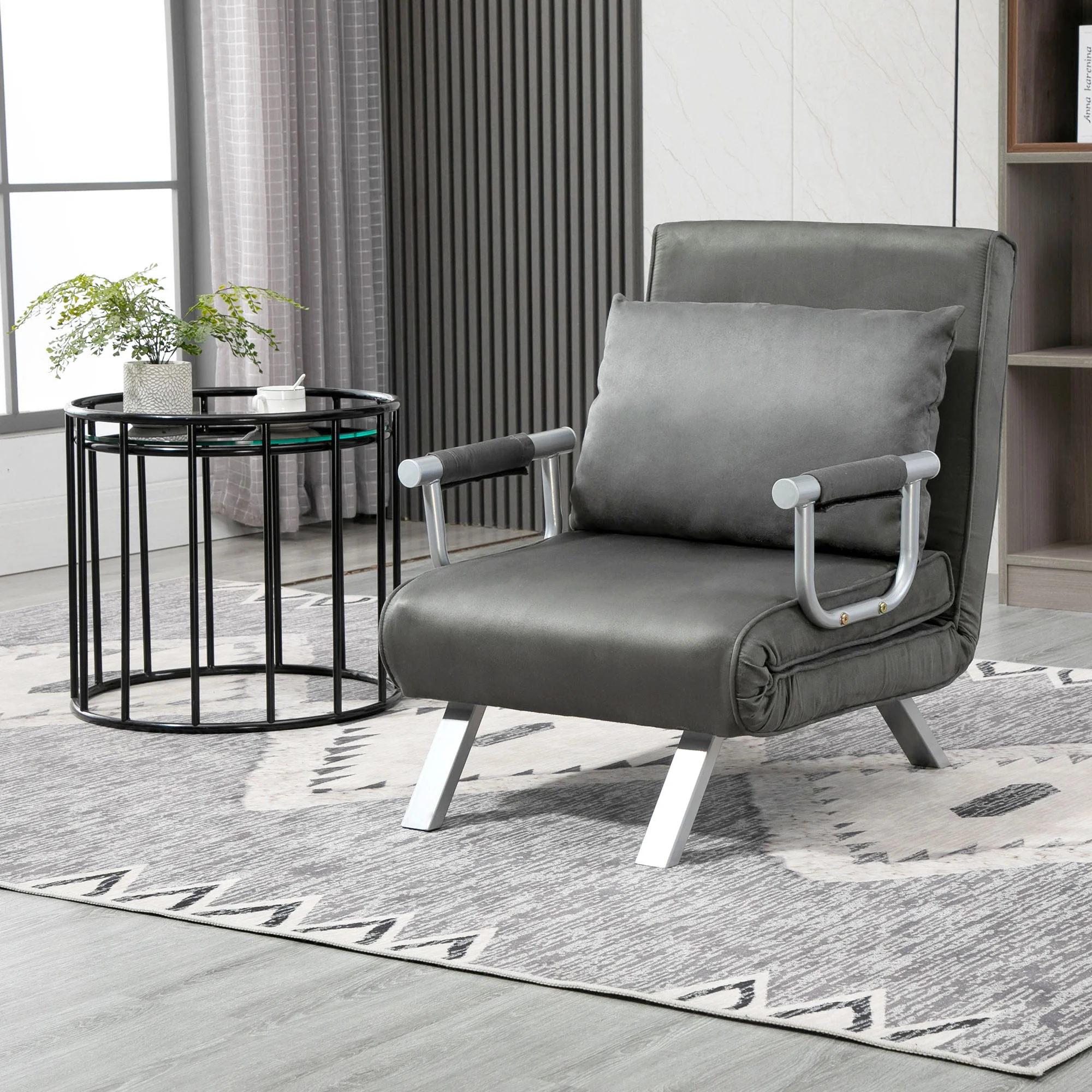 Fauteuil chauffeuse canapé-lit Convertible 1 Place déhoussable Grand Confort Coussin Pieds accoudoirs métal suède Gris - Image 9