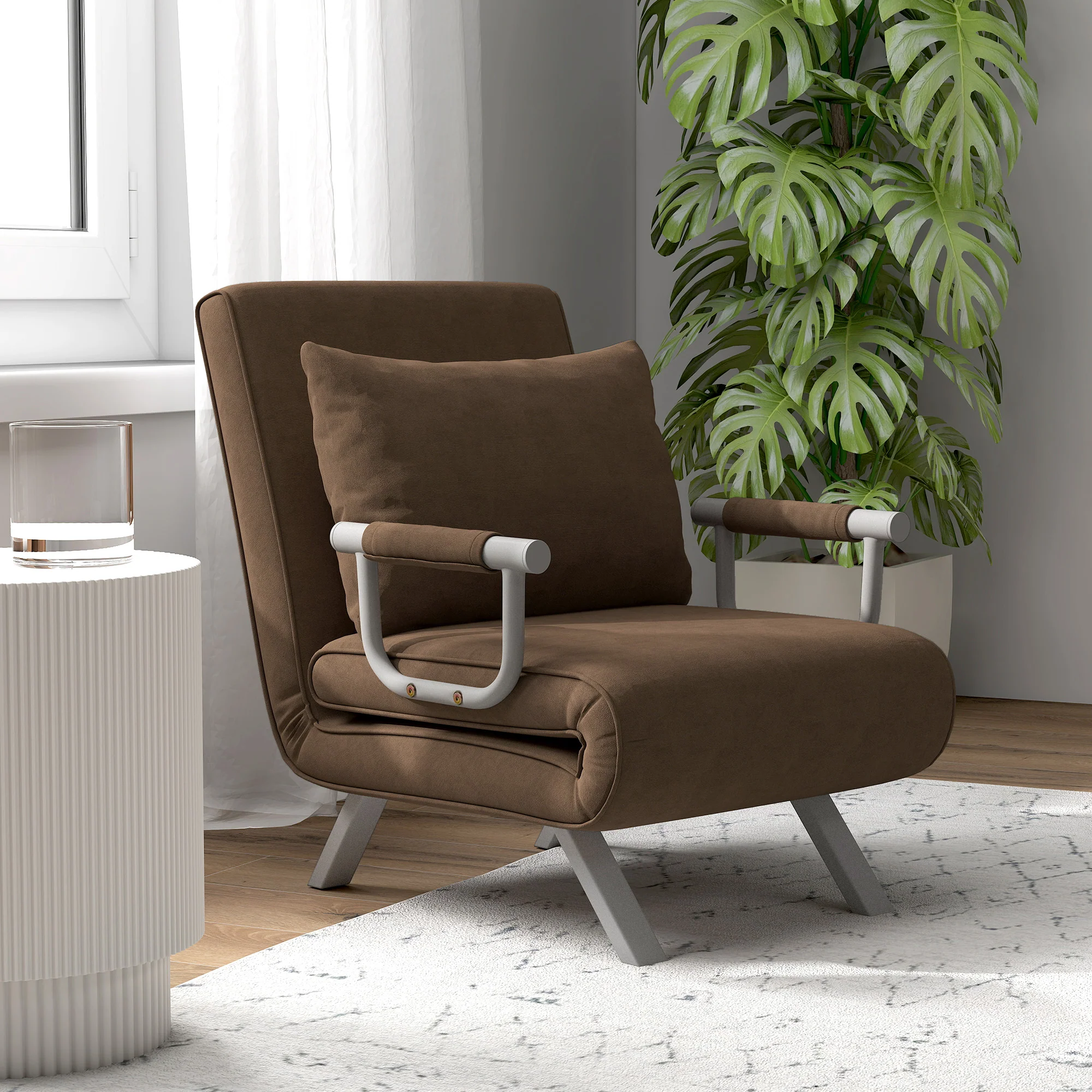 Fauteuil chauffeuse canapé-lit Convertible 1 Place déhoussable Grand Confort Coussin Pieds accoudoirs métal suède Marron - Image 3