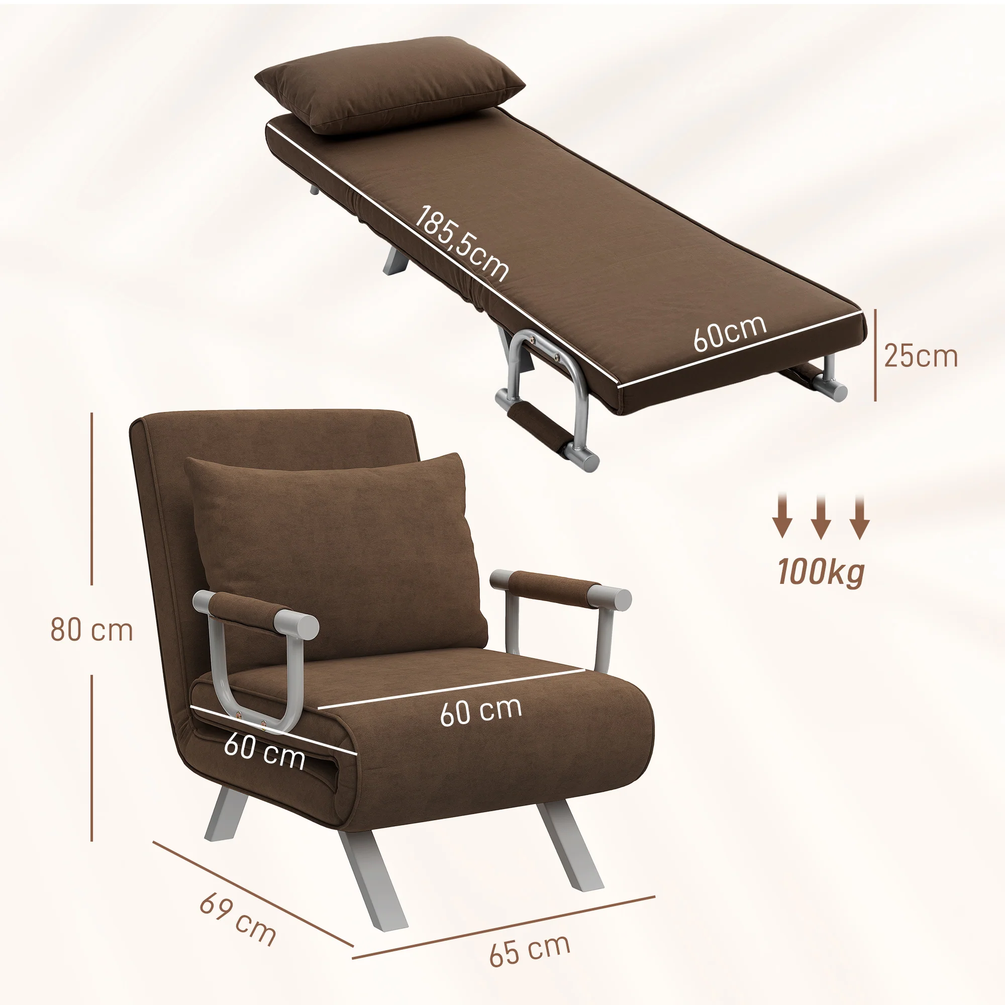 Fauteuil chauffeuse canapé-lit Convertible 1 Place déhoussable Grand Confort Coussin Pieds accoudoirs métal suède Marron - Image 4