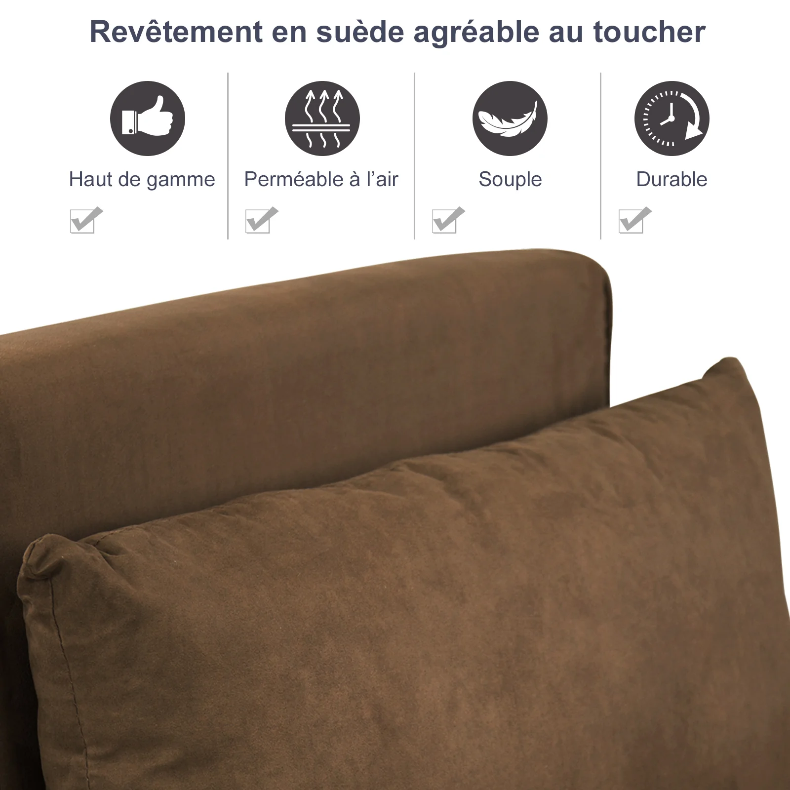 Fauteuil chauffeuse canapé-lit Convertible 1 Place déhoussable Grand Confort Coussin Pieds accoudoirs métal suède Marron - Image 5