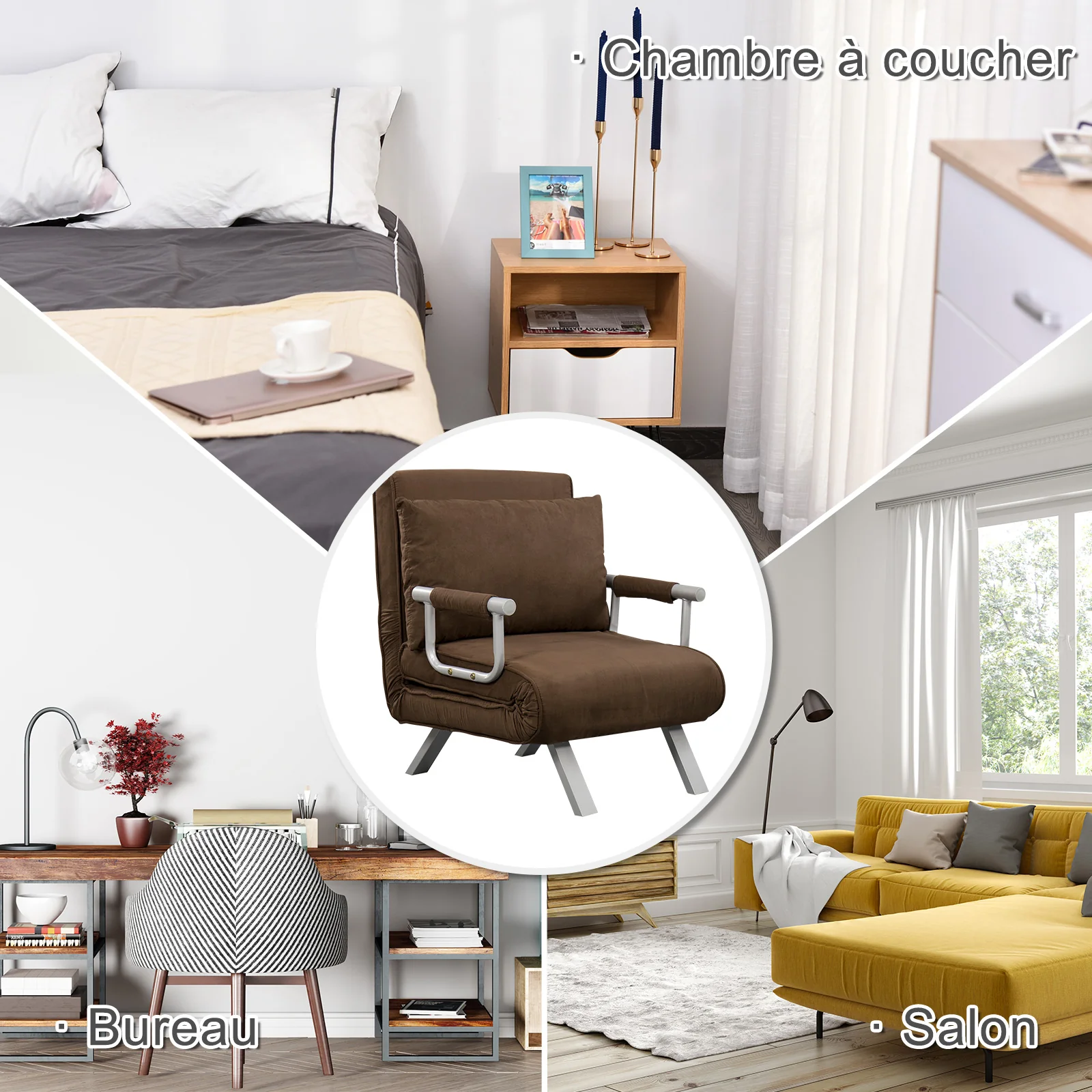 Fauteuil chauffeuse canapé-lit Convertible 1 Place déhoussable Grand Confort Coussin Pieds accoudoirs métal suède Marron - Image 6