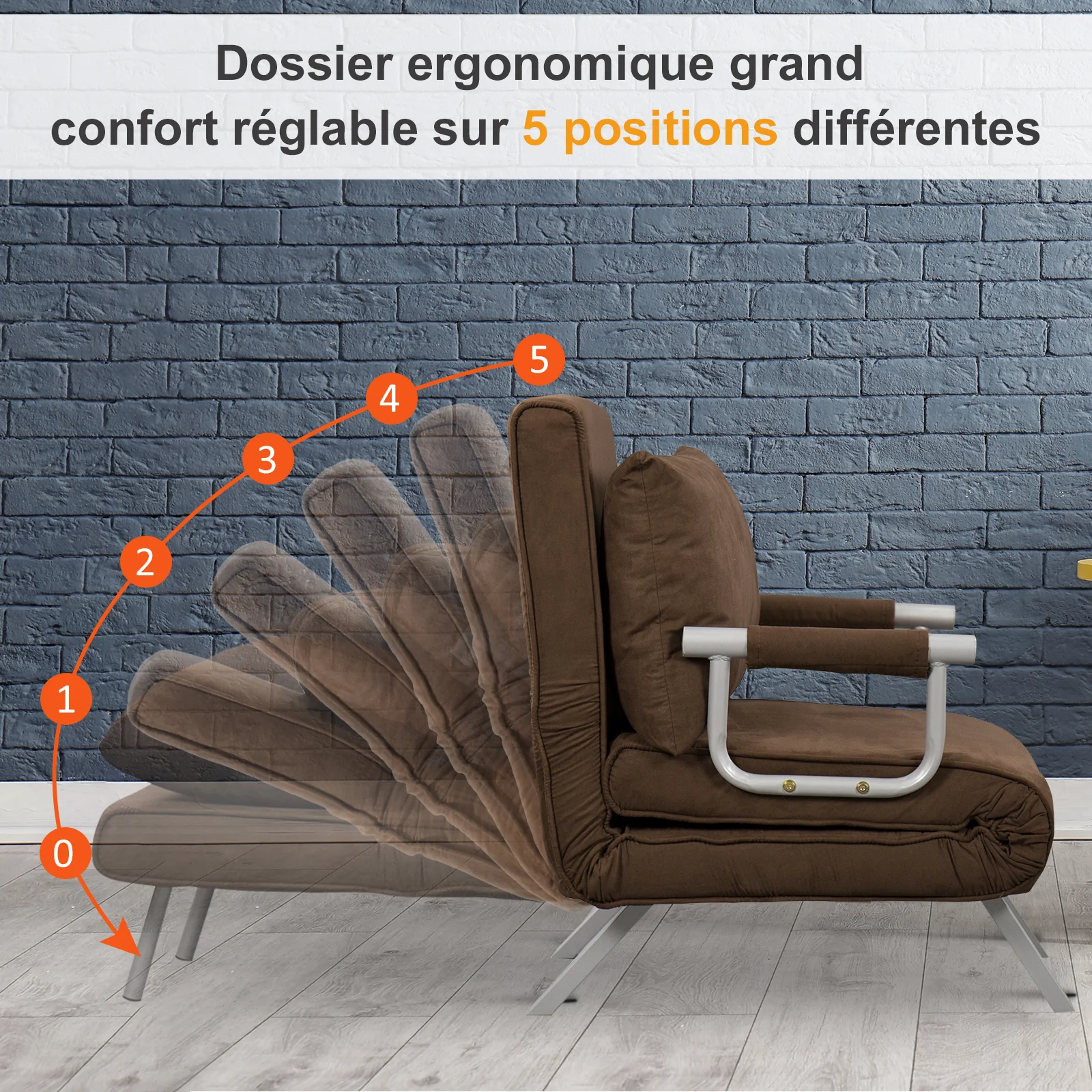 Fauteuil chauffeuse canapé-lit Convertible 1 Place déhoussable Grand Confort Coussin Pieds accoudoirs métal suède Marron - Image 7