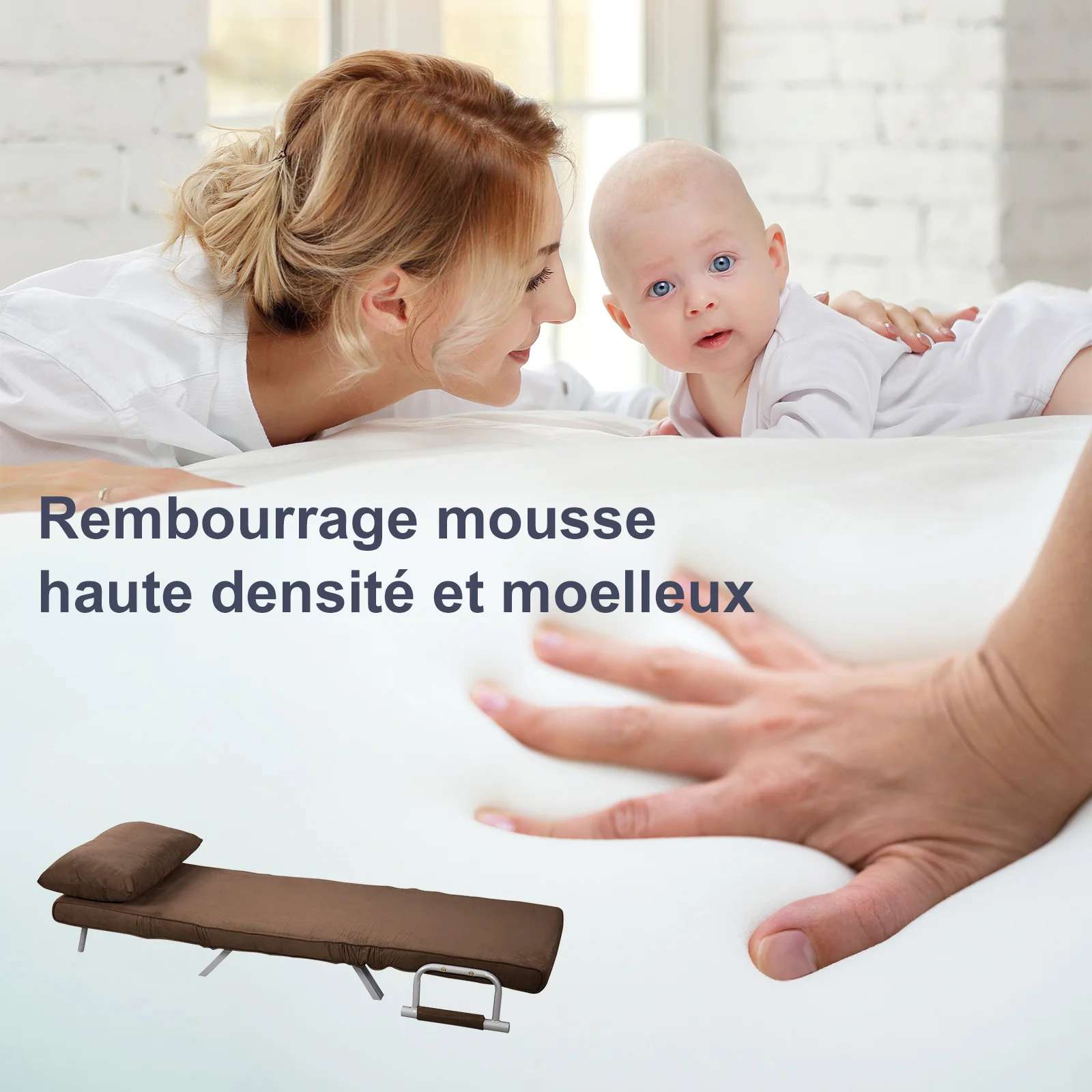 Fauteuil chauffeuse canapé-lit Convertible 1 Place déhoussable Grand Confort Coussin Pieds accoudoirs métal suède Marron - Image 8
