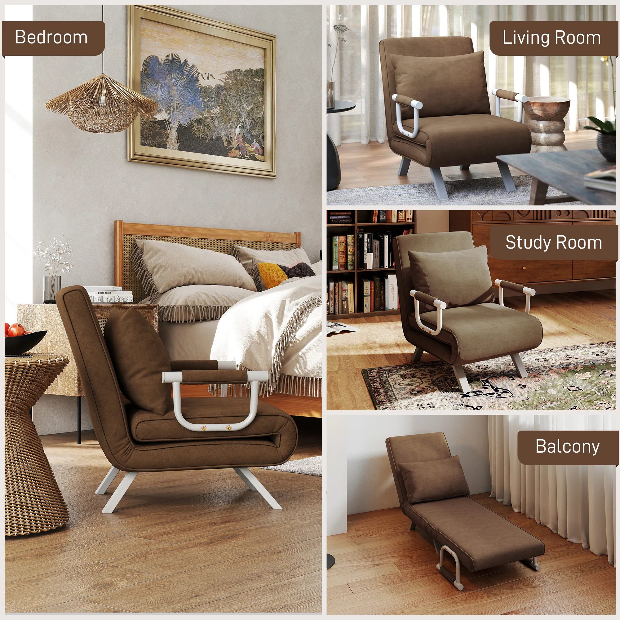 Fauteuil chauffeuse canapé-lit Convertible 1 Place déhoussable Grand Confort Coussin Pieds accoudoirs métal suède Marron - Image 9