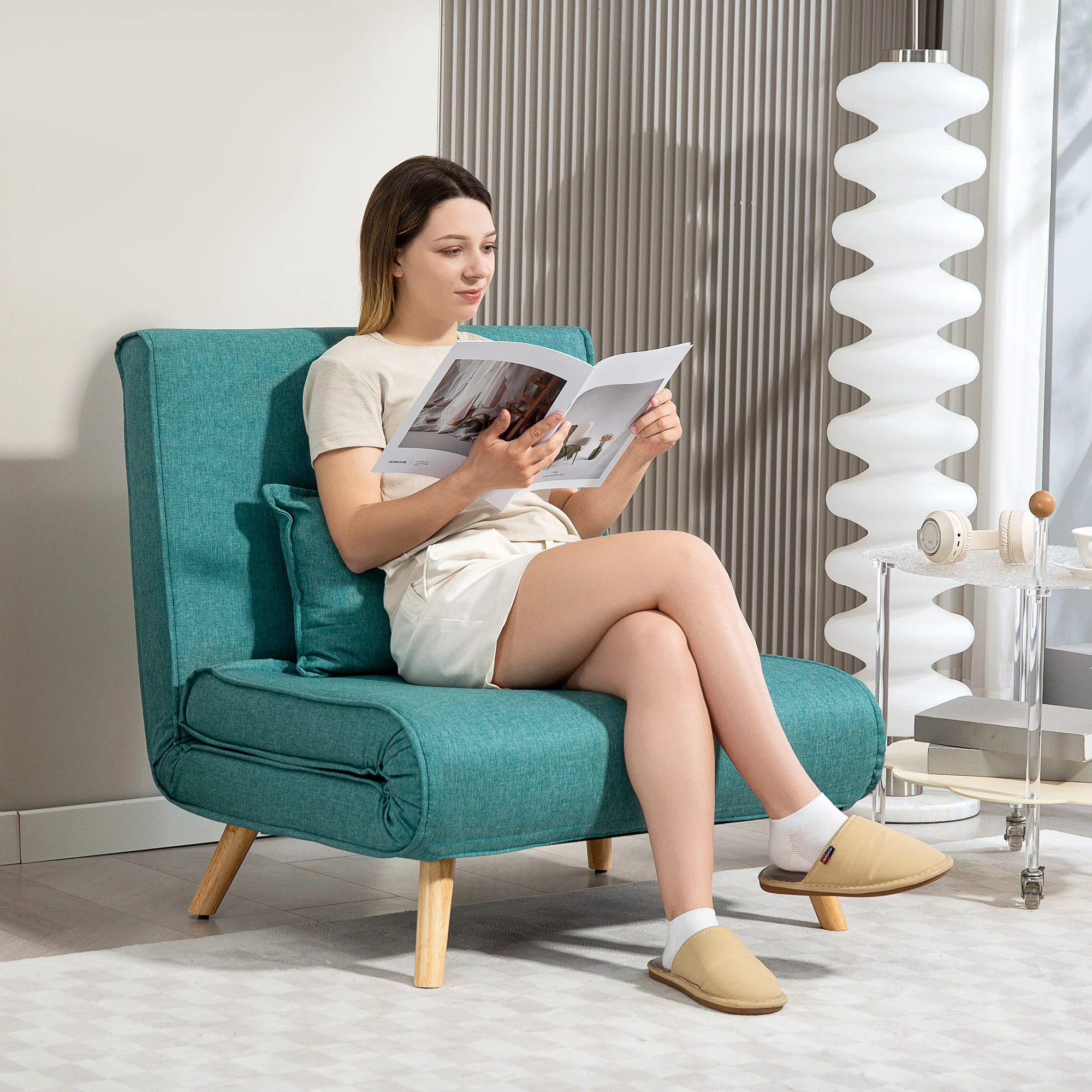 Fauteuil convertible 1 place 3 en 1, chauffeuse et fauteuil lit avec dossier réglable en 5 positions, oreiller inclus, canapé-lit clic-clac pour invités, salon, bureau, vert - Image 3