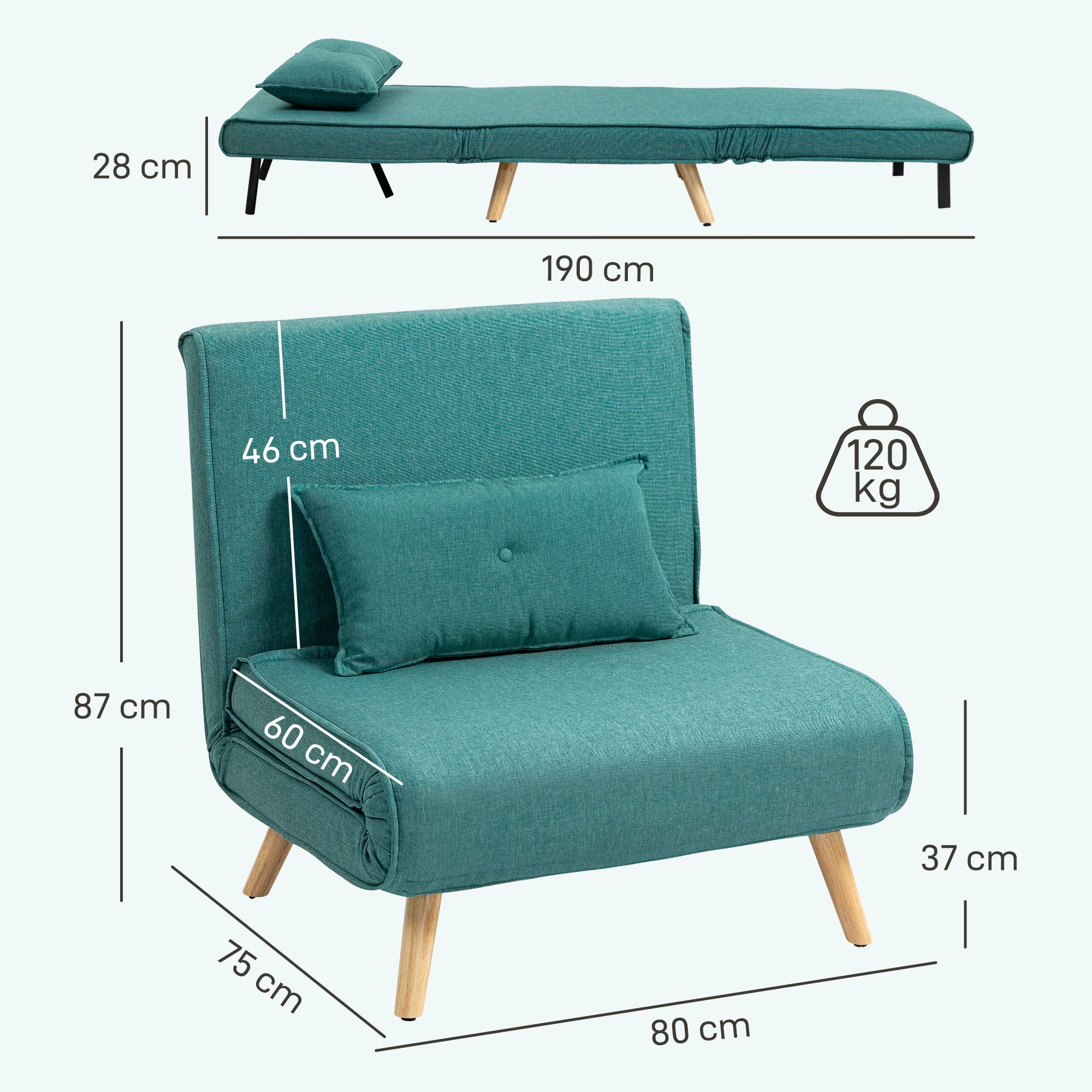 Fauteuil convertible 1 place 3 en 1, chauffeuse et fauteuil lit avec dossier réglable en 5 positions, oreiller inclus, canapé-lit clic-clac pour invités, salon, bureau, vert - Image 4