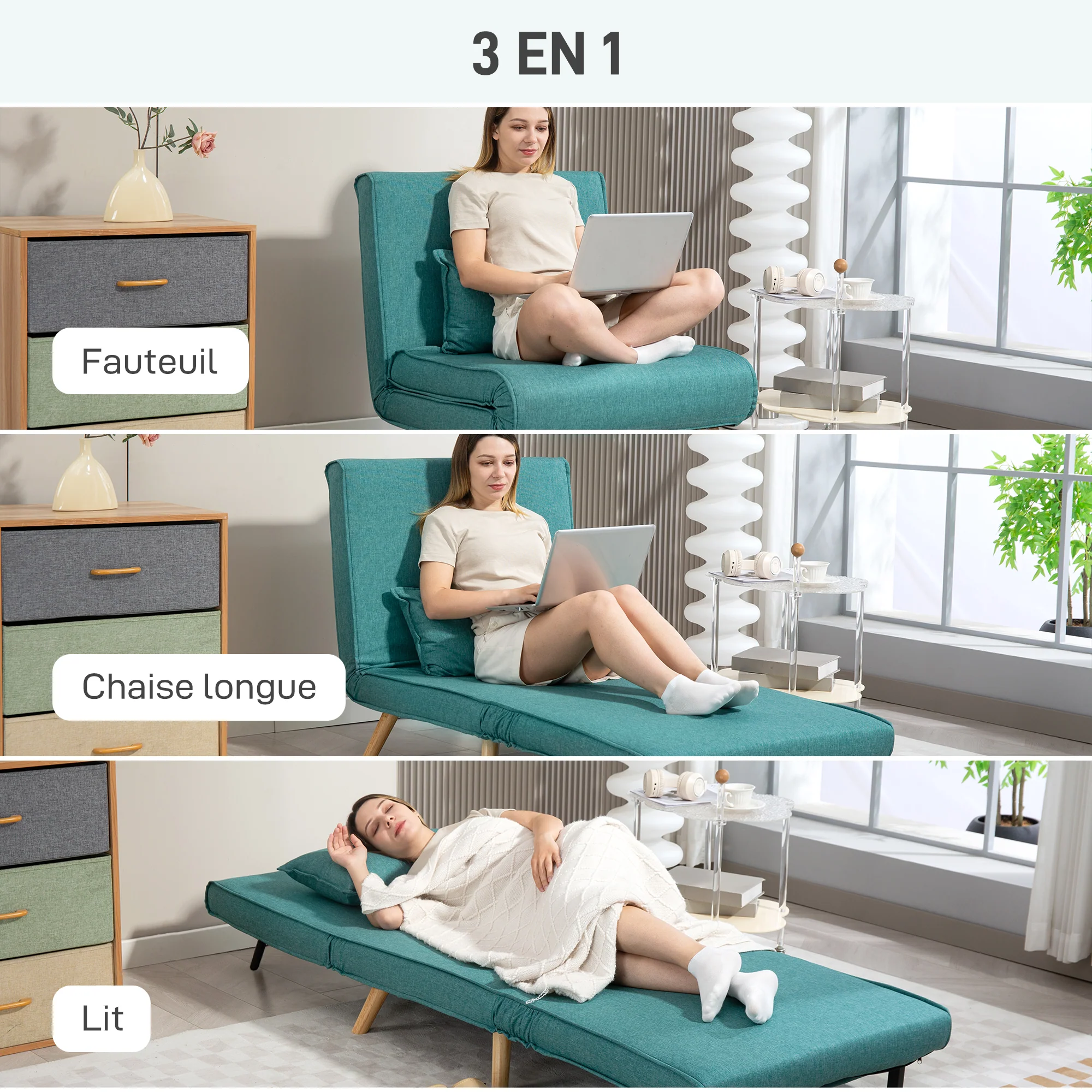 Fauteuil convertible 1 place 3 en 1, chauffeuse et fauteuil lit avec dossier réglable en 5 positions, oreiller inclus, canapé-lit clic-clac pour invités, salon, bureau, vert - Image 5