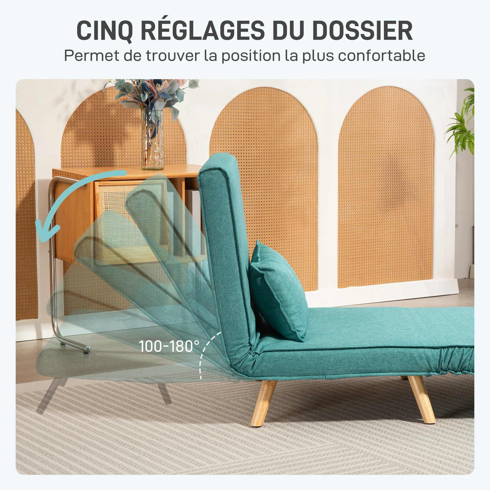 Fauteuil convertible 1 place 3 en 1, chauffeuse et fauteuil lit avec dossier réglable en 5 positions, oreiller inclus, canapé-lit clic-clac pour invités, salon, bureau, vert - Image 7