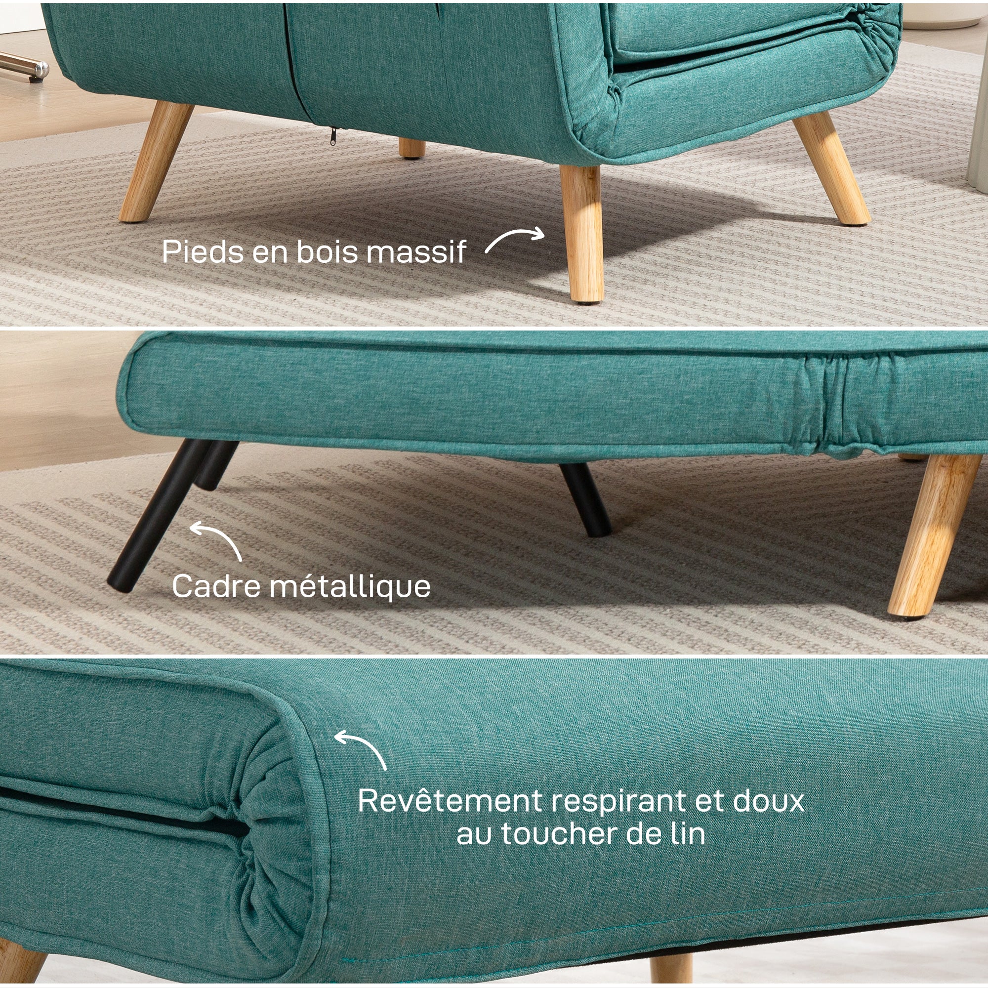 Fauteuil convertible 1 place 3 en 1, chauffeuse et fauteuil lit avec dossier réglable en 5 positions, oreiller inclus, canapé-lit clic-clac pour invités, salon, bureau, vert - Image 8
