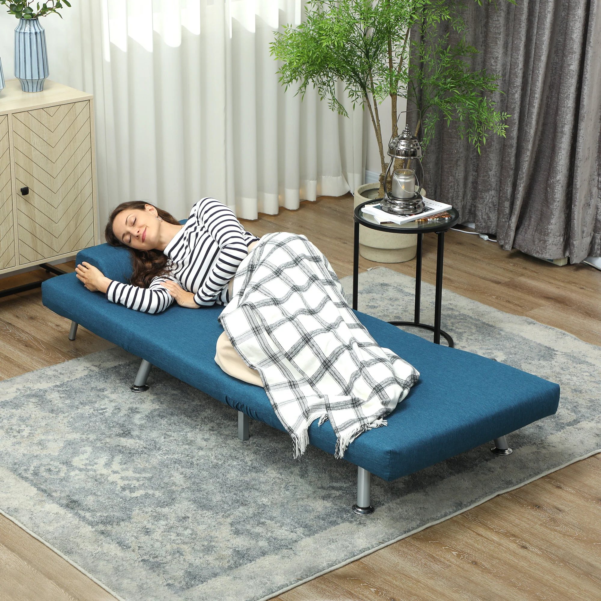 Fauteuil convertible 1 place chauffeuse 3 en 1 fauteuil lit avec dossier réglable en 5 positions, coussin inclus, canapé-lit 1 place pour invités, salon, charge 150 kg bleu - Image 9