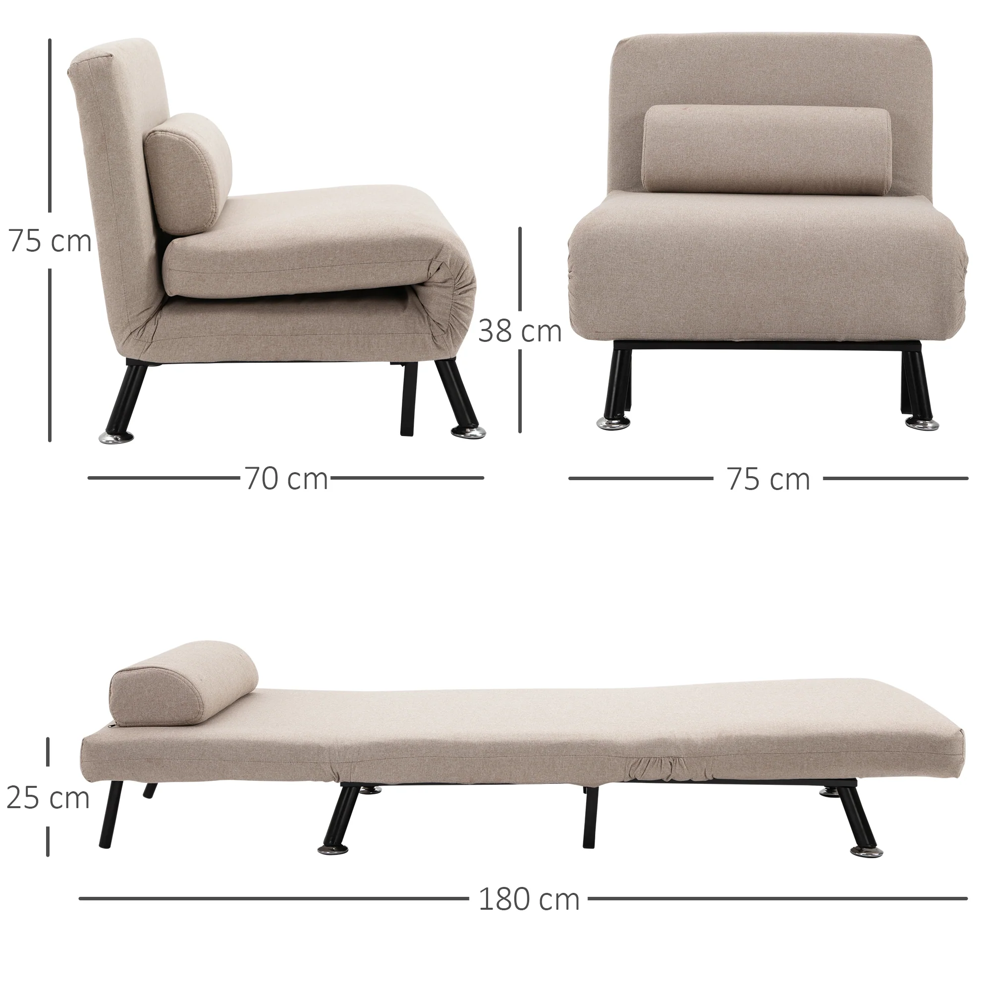 Fauteuil convertible 1 place chauffeuse 3 en 1 fauteuil lit avec dossier réglable en 5 positions, coussin inclus, canapé-lit 1 place pour invités, salon, charge 150 kg beige - Image 4