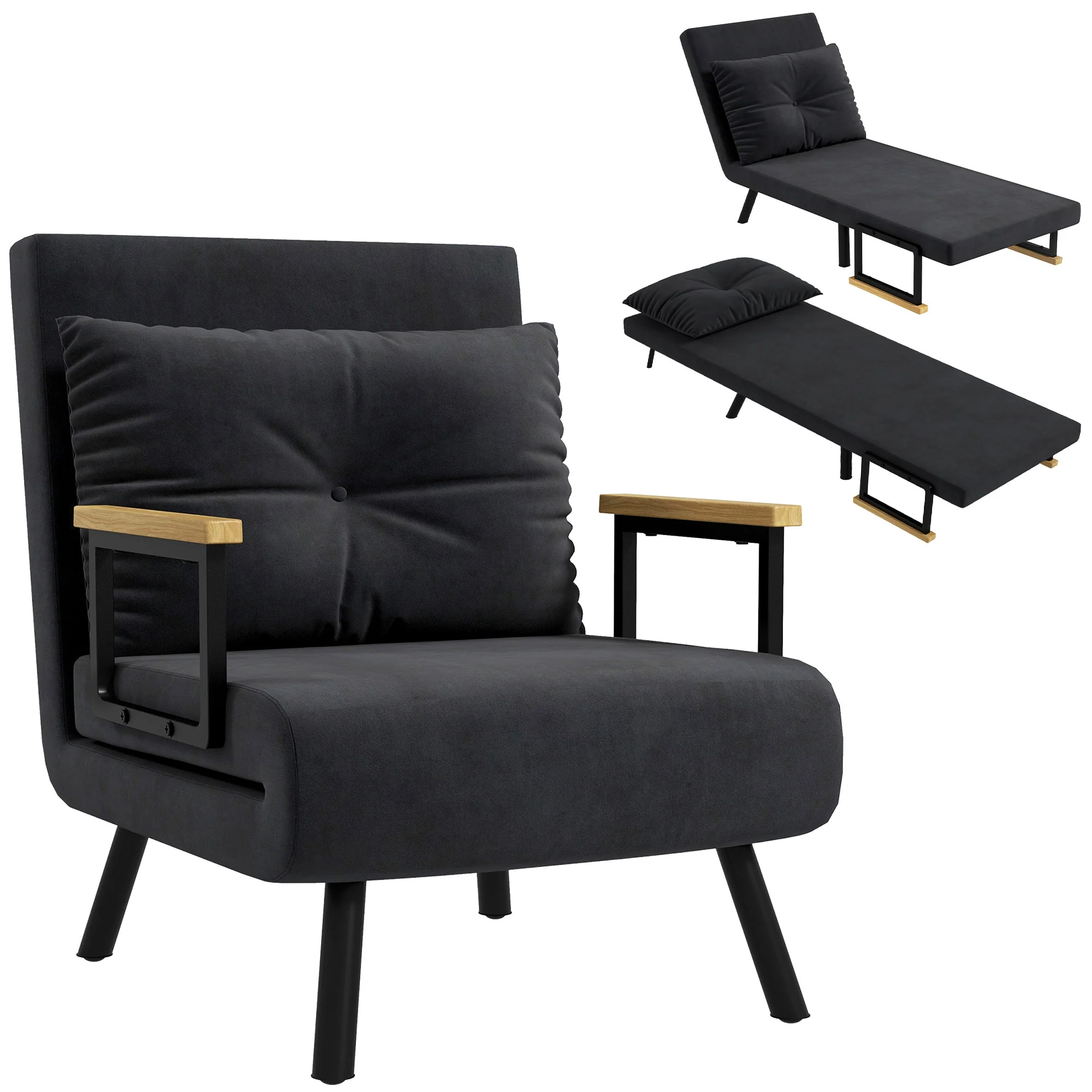 Fauteuil convertible 1 place chauffeuse 4 en 1 canapé convertible fauteuil lit avec dossier réglable en 5 positions, coussin inclus, canapé-lit 1 place pour invités, salon, charge 120 kg, noir - Image 11